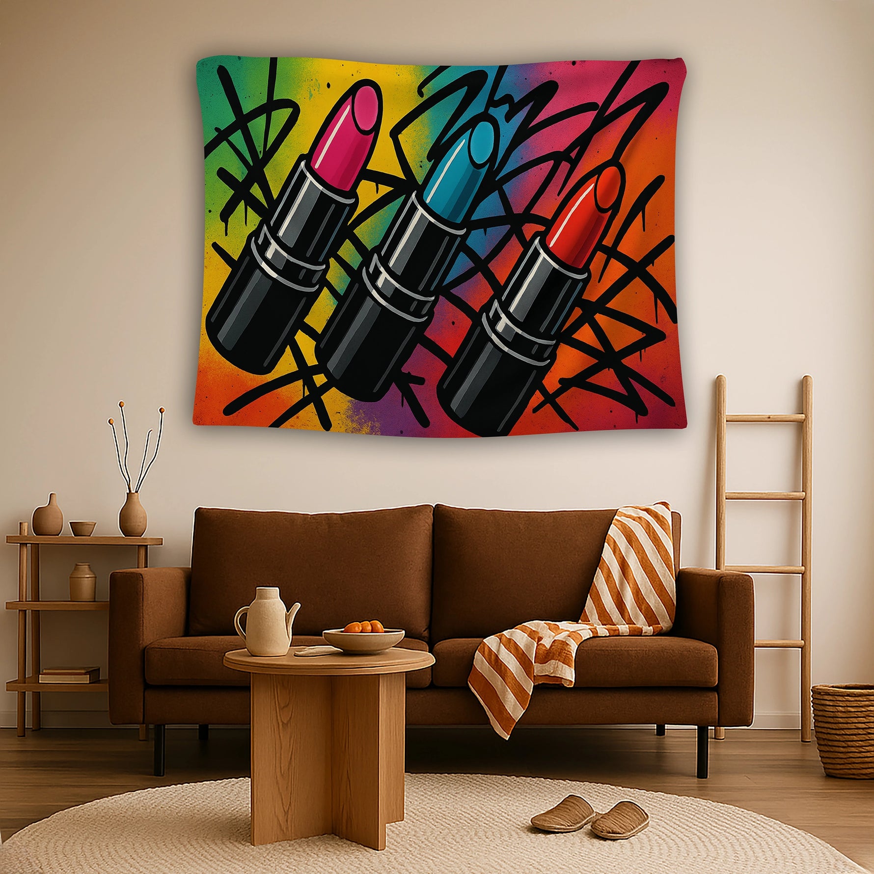Kalın çerçeveli ruj figürleri ve arka plandaki soyut sprey boya desenleriyle hazırlanan duvar örtüsü, kozmetik ve moda temalı grafik tasarımı pop art anlayışıyla birleştirir; stüdyo, genç odası ve butik alanlarda enerjik bir atmosfer oluşturan dekoratif üründür.