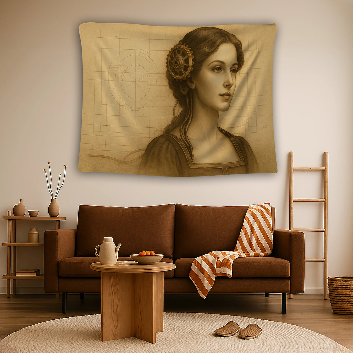 Profil açıdan resmedilmiş zarif kadın silüeti ve tek çarklı mekanik başlık tasarımıyla oluşturulan duvar örtüsü, sepya renk paleti ve minimal kompozisyonuyla retro, alternatif ve sanatsal dekorasyonlara uyum sağlayan estetik bir tekstil çözümü sunar.