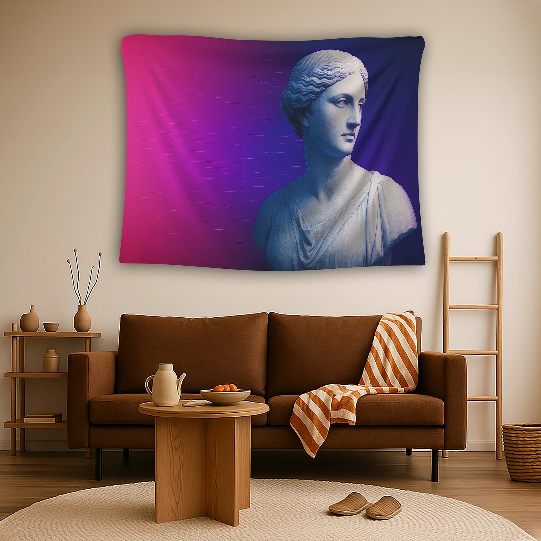 Antik heykel portresi, mor mavi renk geçişli fon ve yatay dijital iz efektleriyle hazırlanan duvar örtüsü, klasik sanat ile futuristik ve minimal grafik stili harmanlayan sade ama dikkat çekici bir kompozisyon sunan dekoratif bir üründür.