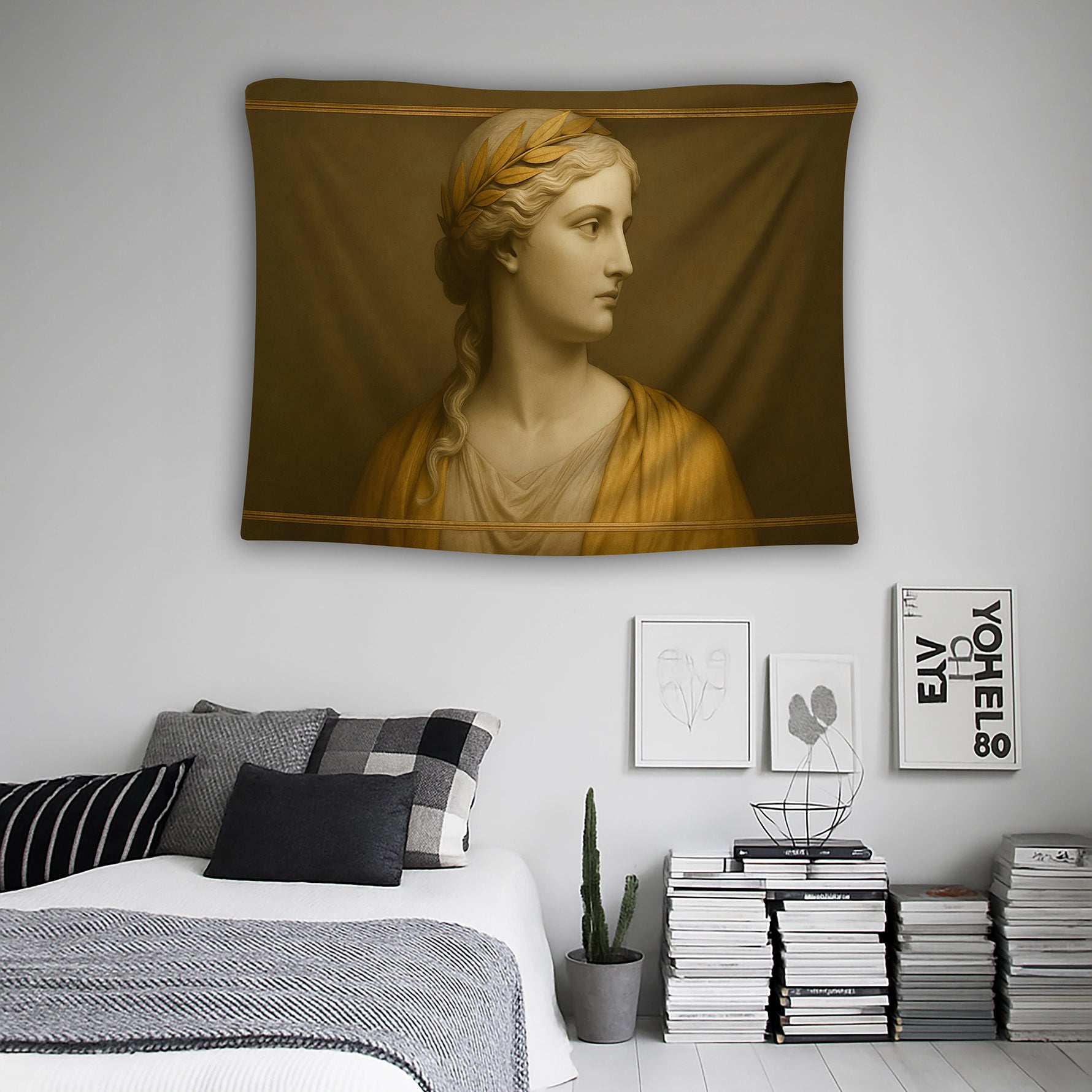 Yumuşak ışıkla aydınlatılmış klasik büst portresi ve altın tonlu renk geçişleriyle tasarlanan duvar örtüsü, tarihi sanat ve minimal stil öğelerini birleştirerek huzurlu, elegan ve zamansız bir görünüm sağlayan dekoratif tekstil tasarımıdır.