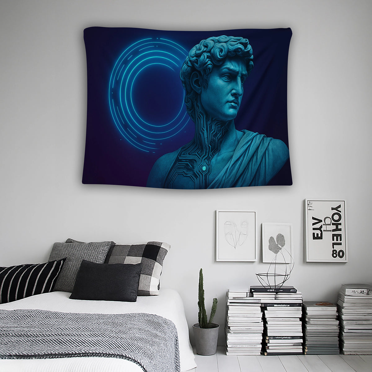 Neon halka efektleri, koyu gece tonları ve detaylı heykel yüzü kompozisyonuyla hazırlanan duvar örtüsü, futuristik ve illüstratif tarzı birleştirerek modern, alternatif ve yaratıcı dekorasyon anlayışına uyum sağlayan estetik bir görsel sunar.