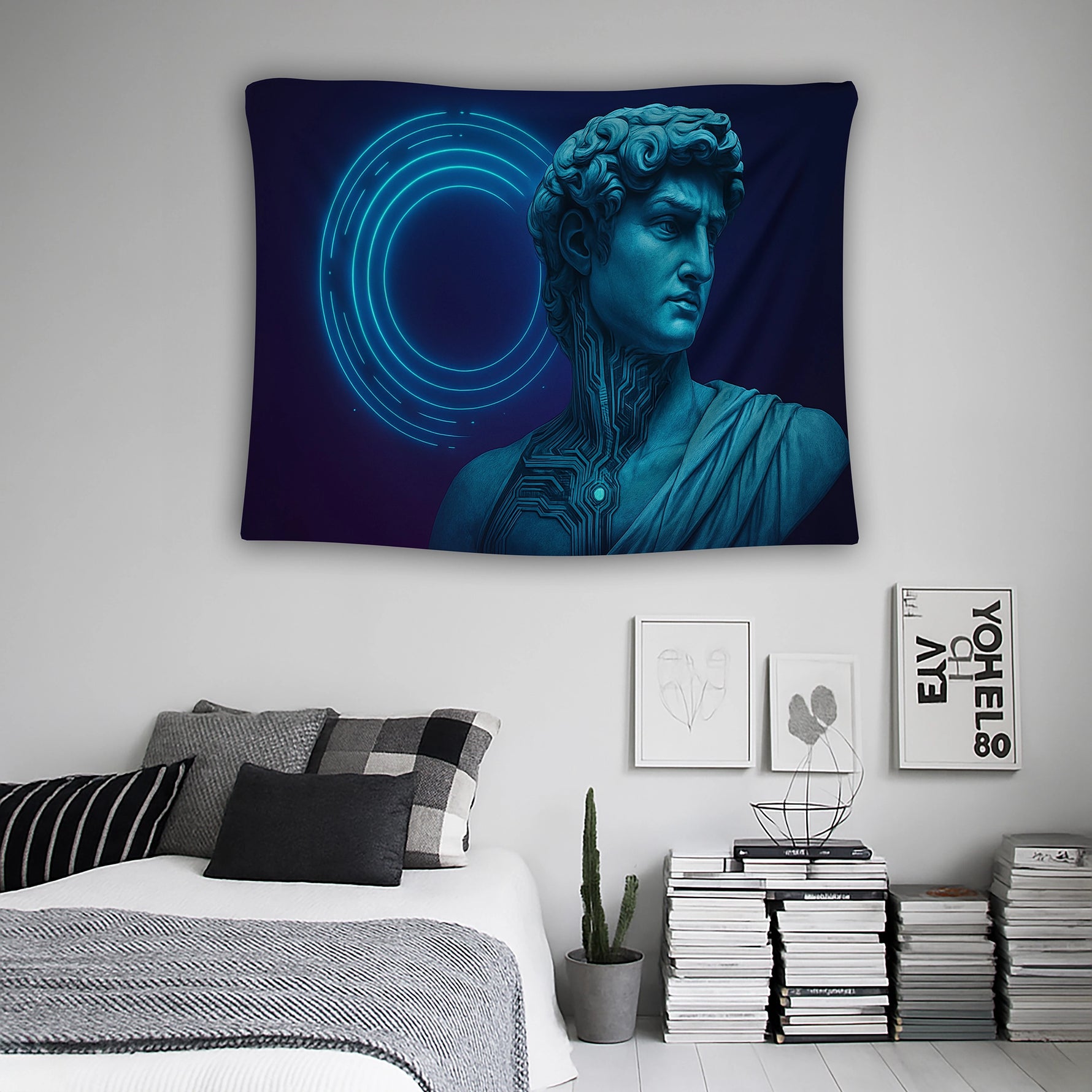 Neon halka efektleri, koyu gece tonları ve detaylı heykel yüzü kompozisyonuyla hazırlanan duvar örtüsü, futuristik ve illüstratif tarzı birleştirerek modern, alternatif ve yaratıcı dekorasyon anlayışına uyum sağlayan estetik bir görsel sunar.