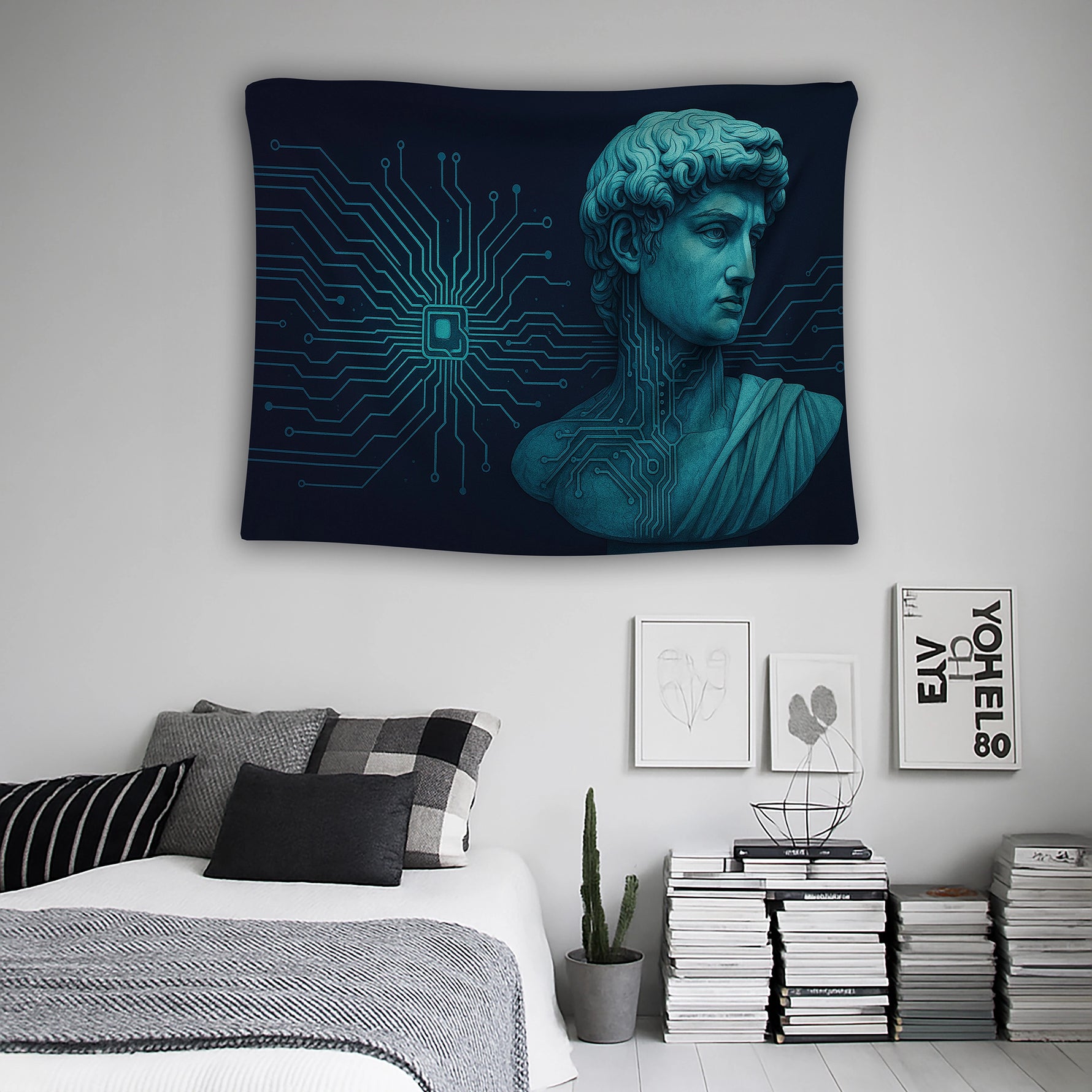 Koyu arka plan üzerinde konumlanan heykel portresi ve etrafa yayılan elektronik bağlantı motifleriyle tasarlanan duvar örtüsü, teknoloji, bilim ve modern sanat temalarını bir araya getirerek ofis, stüdyo ve genç odası için estetik ve çağdaş bir tekstil çözümü sağlar.
