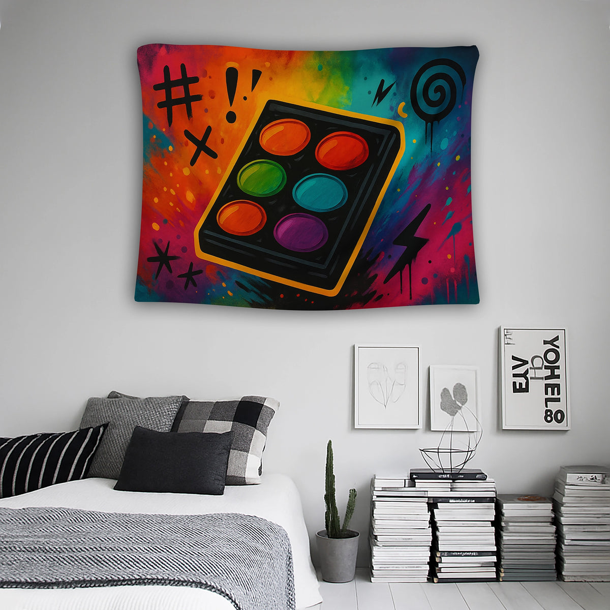 Sprey boya efektleri, soyut lekeler ve parlak tonlu arka plan üzerinde konumlanan makyaj paleti kompozisyonu içeren duvar örtüsü, retro pop art ve grafiti stilini yansıtan dinamik ve eğlenceli tasarımıyla modern ve sanatsal dekorasyonlara uyum sağlar.