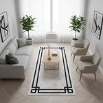 Modern ve minimal stilde tasarlanmış dekoratif yolluk halı, sade zemin üzerinde geometrik siyah çerçeve detayları içerir. Açık tonlu yüzey ve net hatlar ile şık ve dengeli bir kompozisyon sunar.