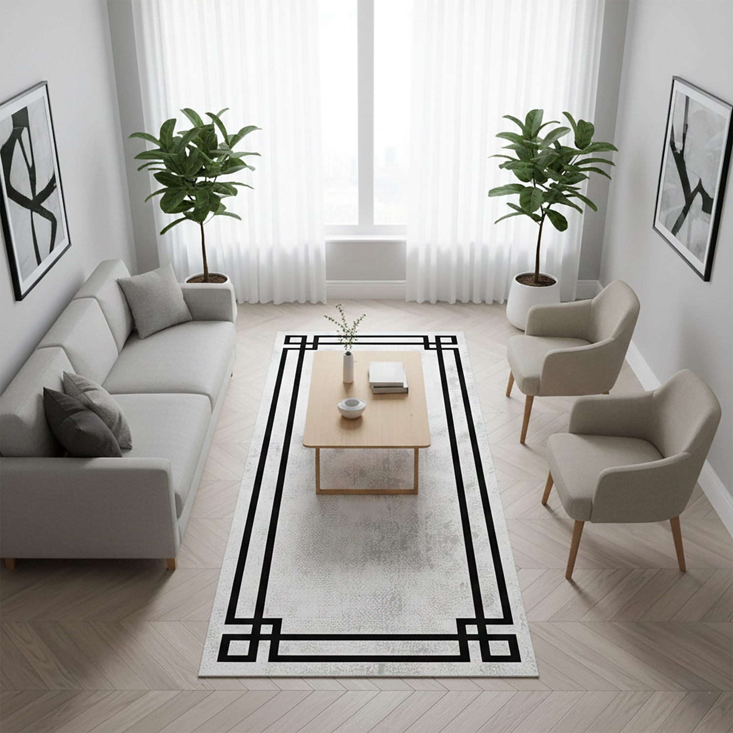 Modern ve minimal stilde tasarlanmış dekoratif yolluk halı, sade zemin üzerinde geometrik siyah çerçeve detayları içerir. Açık tonlu yüzey ve net hatlar ile şık ve dengeli bir kompozisyon sunar.