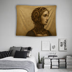 Sepya arka plan, teknik şema izleri ve metal çark sistemleriyle bütünleşmiş portre kompozisyonuna sahip duvar örtüsü, steampunk, retro ve illüstratif sanat stilini bir araya getirerek modern ve yaratıcı dekorasyonlar için estetik bir tekstil çözümü sunar.