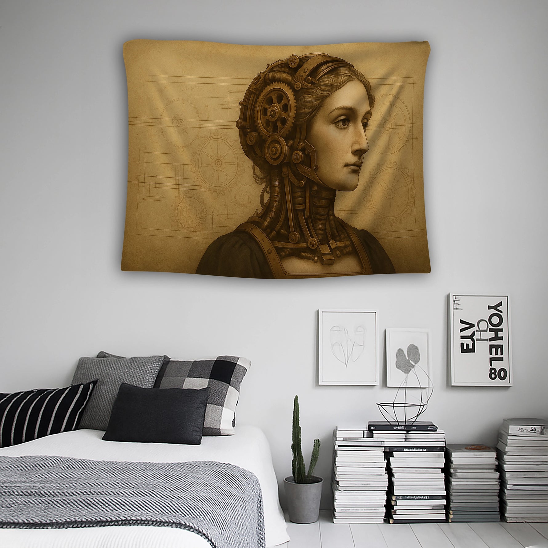 Sepya arka plan, teknik şema izleri ve metal çark sistemleriyle bütünleşmiş portre kompozisyonuna sahip duvar örtüsü, steampunk, retro ve illüstratif sanat stilini bir araya getirerek modern ve yaratıcı dekorasyonlar için estetik bir tekstil çözümü sunar.