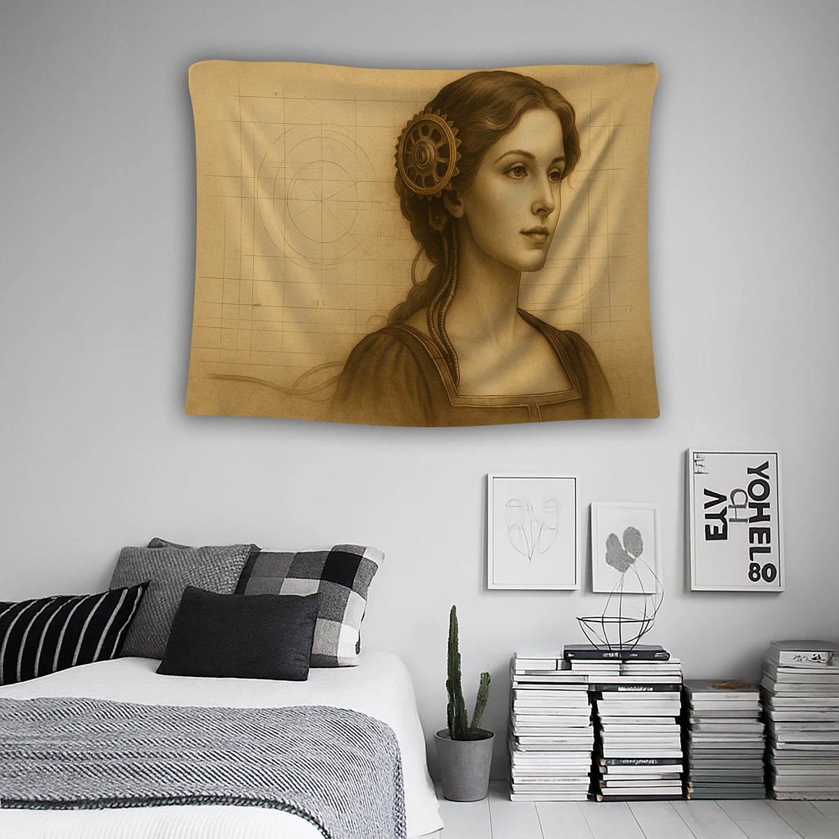 Yumuşak gölge geçişleri, teknik şema izleri ve metal dişli detaylarıyla bütünleşmiş kadın portresi içeren duvar örtüsü, steampunk ve vintage sanat stilini bir araya getirerek ofis, stüdyo ve yaratıcı alanlar için dikkat çekici bir dekoratif tasarım oluşturur.