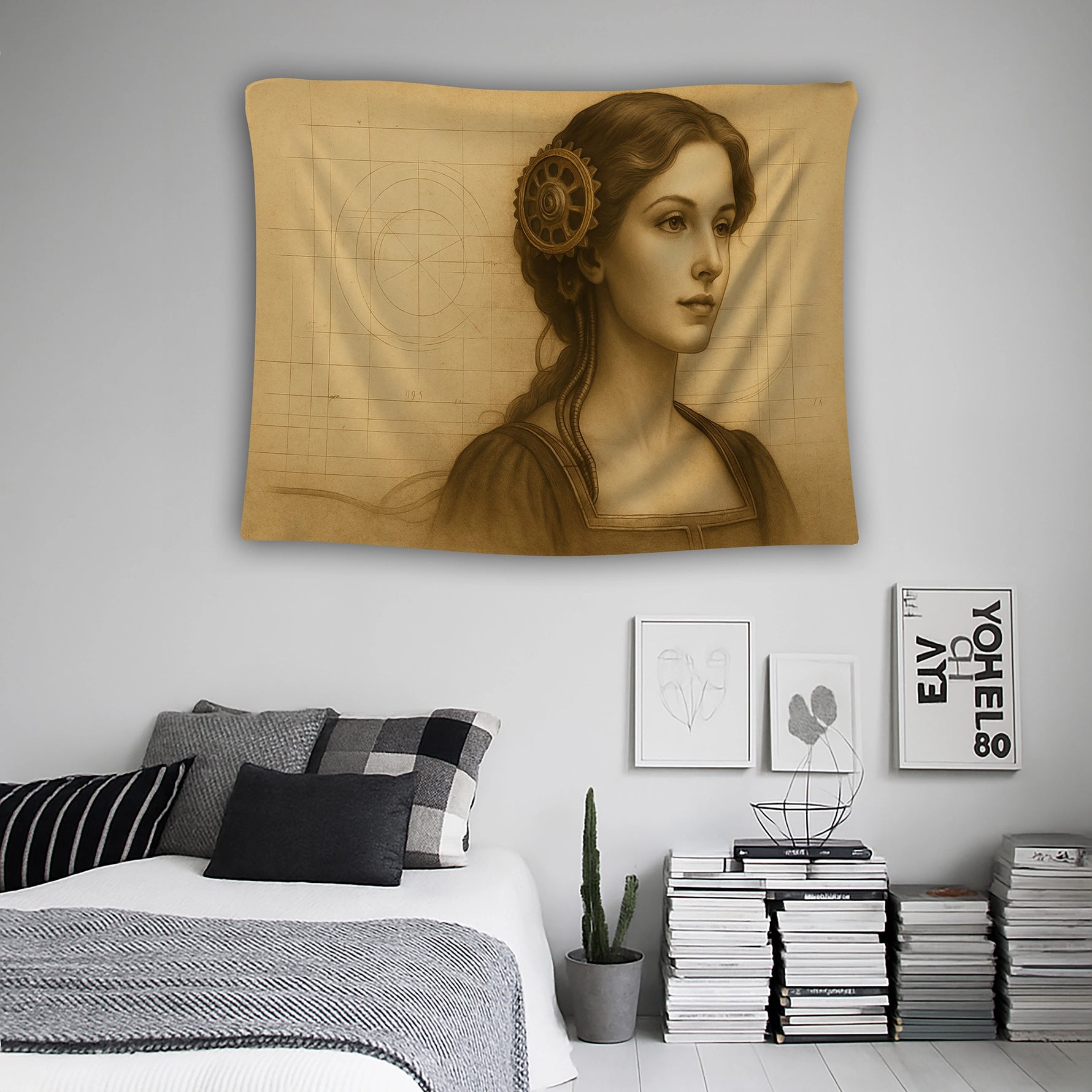 Yumuşak gölge geçişleri, teknik şema izleri ve metal dişli detaylarıyla bütünleşmiş kadın portresi içeren duvar örtüsü, steampunk ve vintage sanat stilini bir araya getirerek ofis, stüdyo ve yaratıcı alanlar için dikkat çekici bir dekoratif tasarım oluşturur.