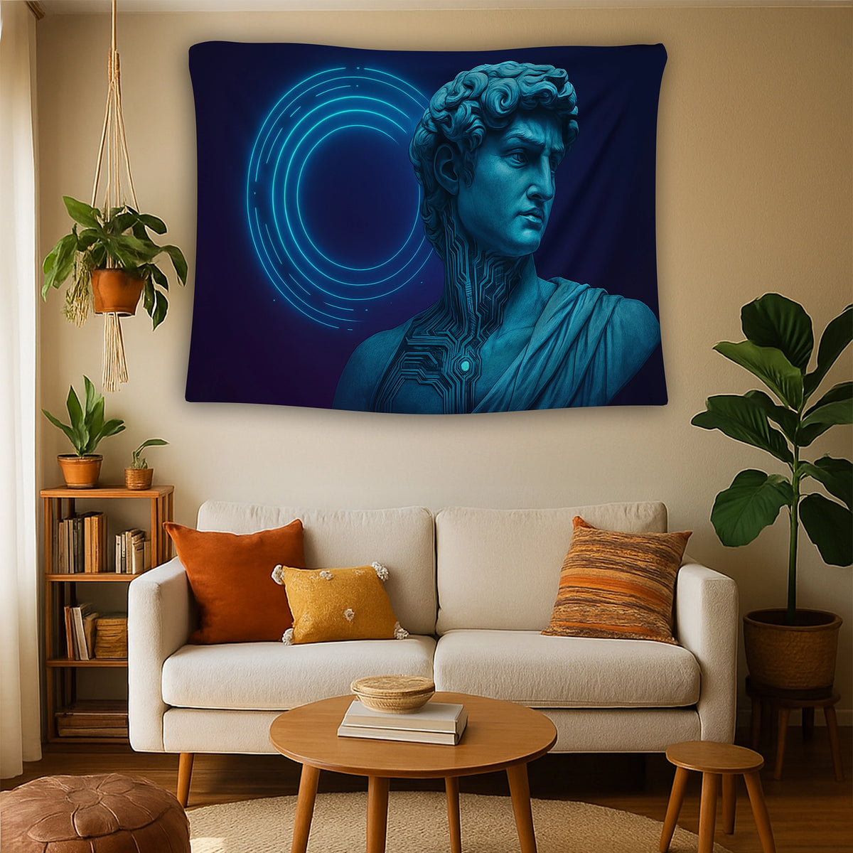 Mavi ışık vurguları, devre desenli boyun detayı ve klasik sanat formundaki büst figürüyle tasarlanan duvar örtüsü, teknoloji ve heykel sanatını harmanlayan cyber estetikle güçlü bir atmosfer oluşturur; stüdyo, ofis ve genç odası için modern bir tekstil çözümüdür.