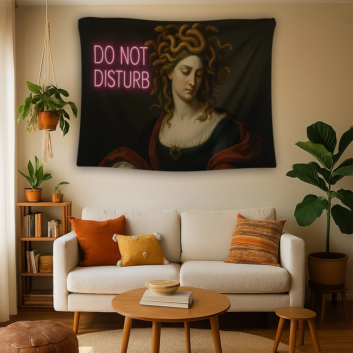 Sanatsal portre kompozisyonu, yılan detaylı saçlar ve koyu tonlu dramatik renk paletiyle hazırlanan bu duvar örtüsü, parlak neon yazı efekti sayesinde modern ve grafik bir karakter kazanır; mitolojik, vintage ve eklektik tarzı sevenler için dekoratif bir seçimdir.