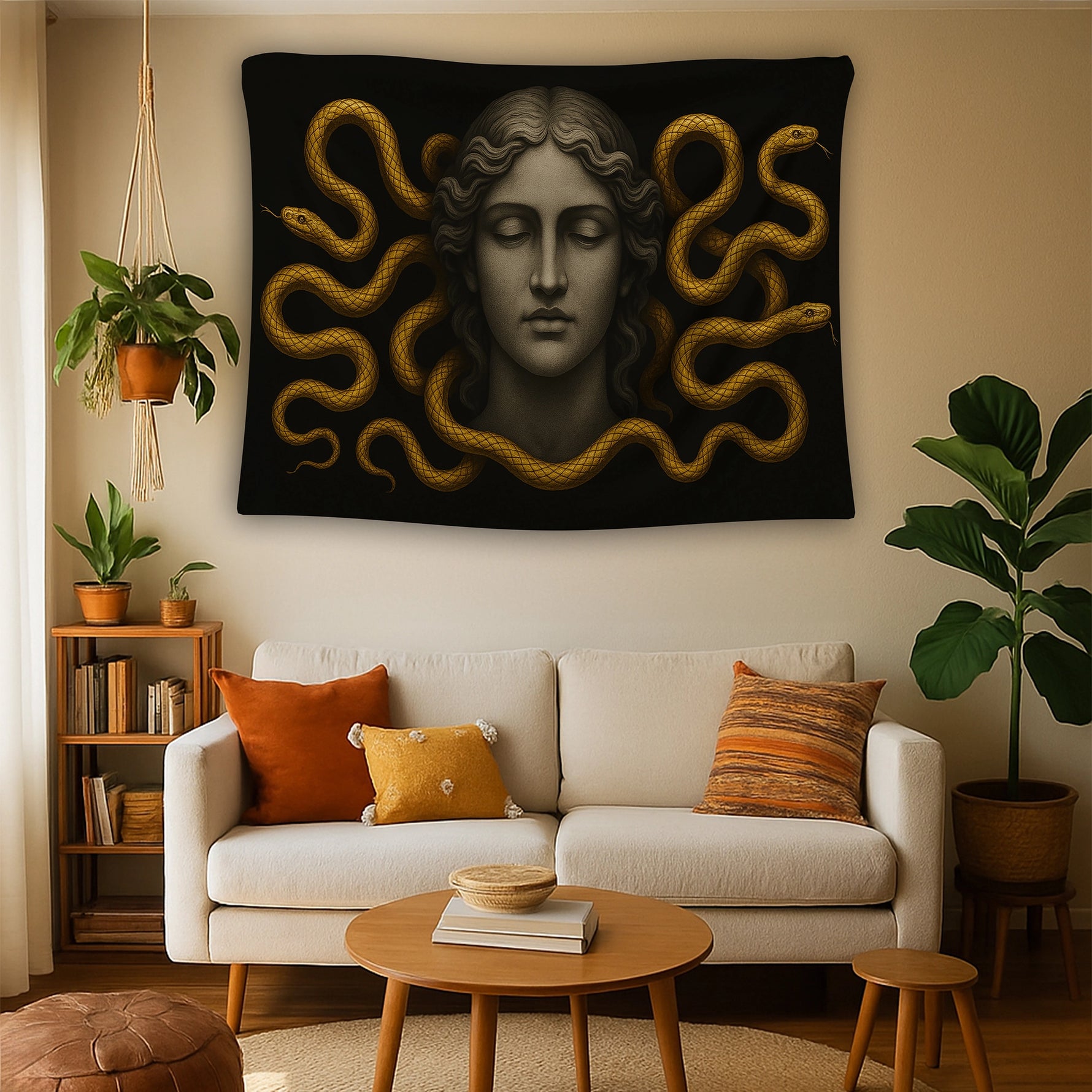 Altın yılanlarla çevrili mistik kadın yüzü illüstrasyonu, mitoloji ve güç temasını sanatsal bir dille yansıtan dekoratif duvar örtüsü olarak tasarlanmıştır. Koyu arka plan üzerinde parlayan metalik detaylar, mekana dramatik, gizemli ve prestijli bir hava kazandırır. Salon, ofis ve modern yaşam alanlarında dikkat çekici bir odak noktası oluşturan bu yüksek çözünürlüklü baskı, net çizgileri ve zengin tonlarıyla FabricUp koleksiyonunun özel tasarımlarındandır.