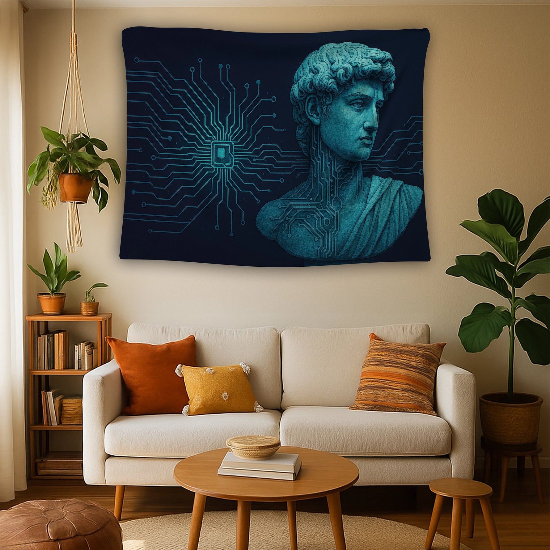 Neon mavi ışık halkası, detaylı yüz hatlarına sahip heykel büstü ve elektronik devre desenleriyle hazırlanan duvar örtüsü, cyber estetik ve klasik sanat formunu harmanlayarak ofis, stüdyo ve genç odası için modern ve teknolojik bir atmosfer oluşturan tekstil çözümüdür.