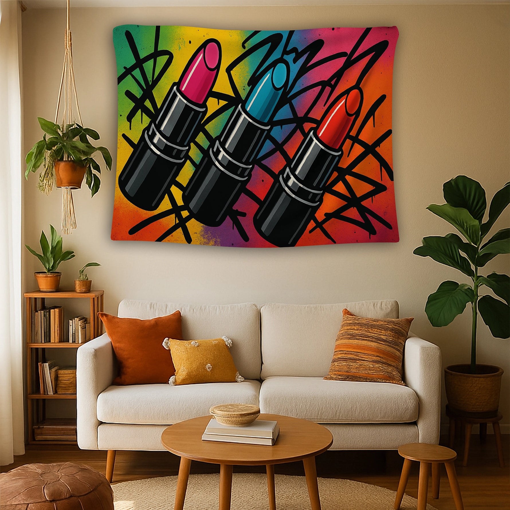 Üç farklı ton rujdan oluşan merkez kompozisyon ve grafiti tarzı boya lekeleriyle hazırlanan duvar örtüsü, yüksek kontrastlı neon renk paleti ve cesur çizimleri sayesinde pop kültür, moda ve güzellik temalı dekorasyonlar için dikkat çekici bir tekstil çözümüdür.