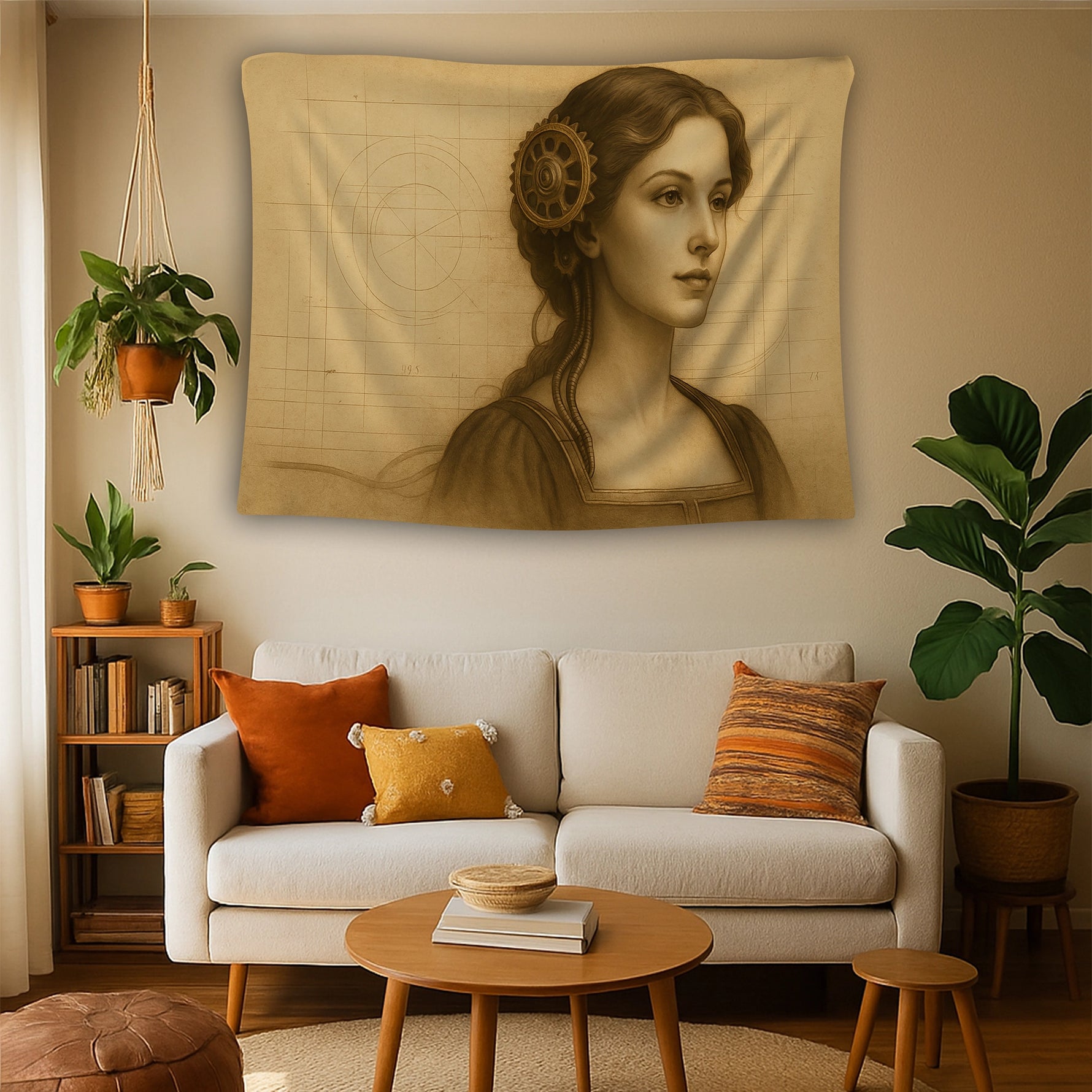 Yumuşak gölge geçişleri, teknik şema izleri ve metal dişli detaylarıyla bütünleşmiş kadın portresi içeren duvar örtüsü, steampunk ve vintage sanat stilini bir araya getirerek ofis, stüdyo ve yaratıcı alanlar için dikkat çekici bir dekoratif tasarım oluşturur.