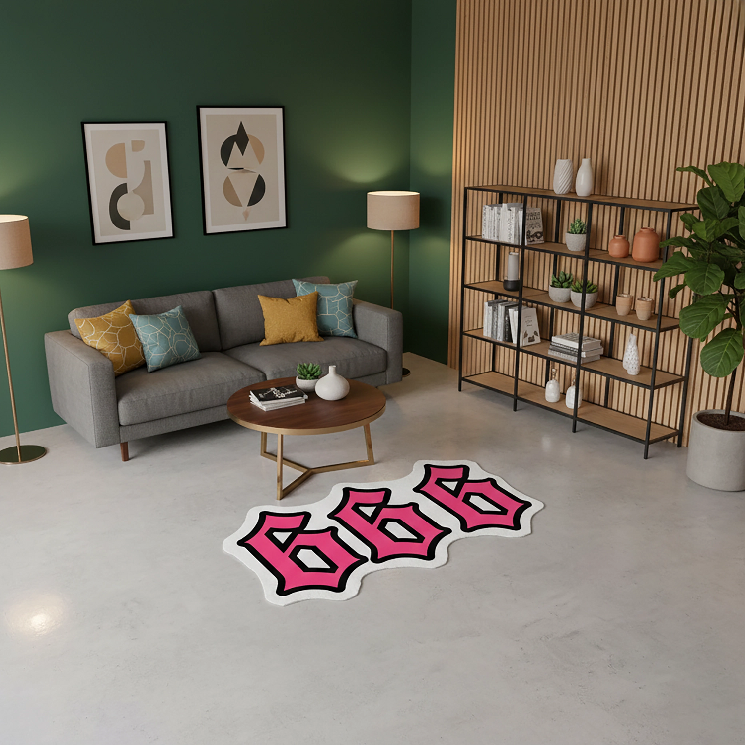 Canlı pembe renkte “666” rakamlarından oluşan, kalın siyah dış kontur ve beyaz iç hatla çevrelenmiş, köşeleri yumuşatılmış, kıvrımlı ve kalın font yapısına sahip, graffiti ve pop art stilinde tasarlanmış, yüksek kontrastlı tipografik figür kesim halı.
