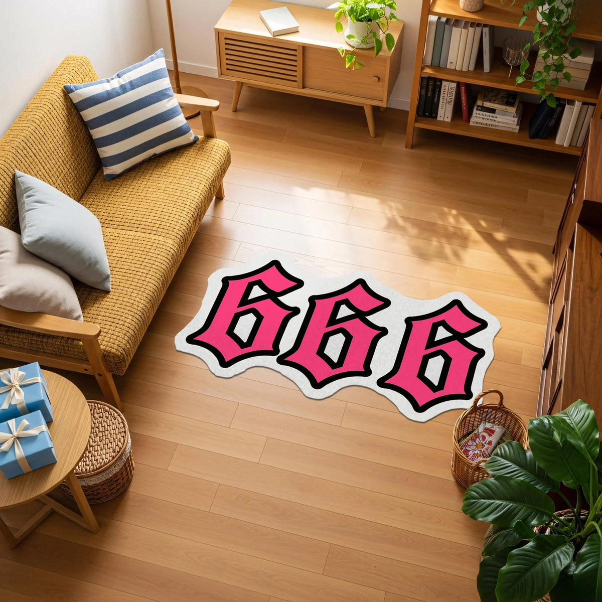 Üçlü rakam kompozisyonu şeklinde tasarlanmış, pembe dolgulu “666” yazısı, beyaz kontur çizgisi ve kalın siyah dış hat ile belirginleştirilmiş, yumuşak kıvrımlı, modern grafik ve street art stilinde tipografik halı yüzeyi.
