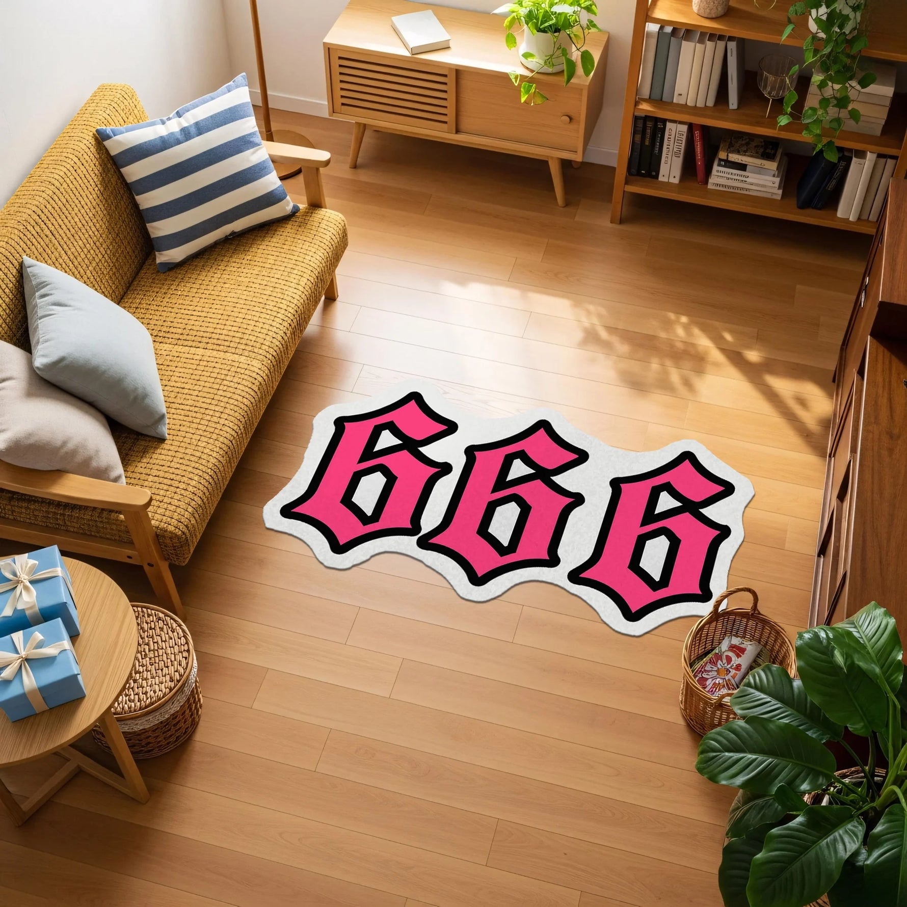 Üçlü rakam kompozisyonu şeklinde tasarlanmış, pembe dolgulu “666” yazısı, beyaz kontur çizgisi ve kalın siyah dış hat ile belirginleştirilmiş, yumuşak kıvrımlı, modern grafik ve street art stilinde tipografik halı yüzeyi.
