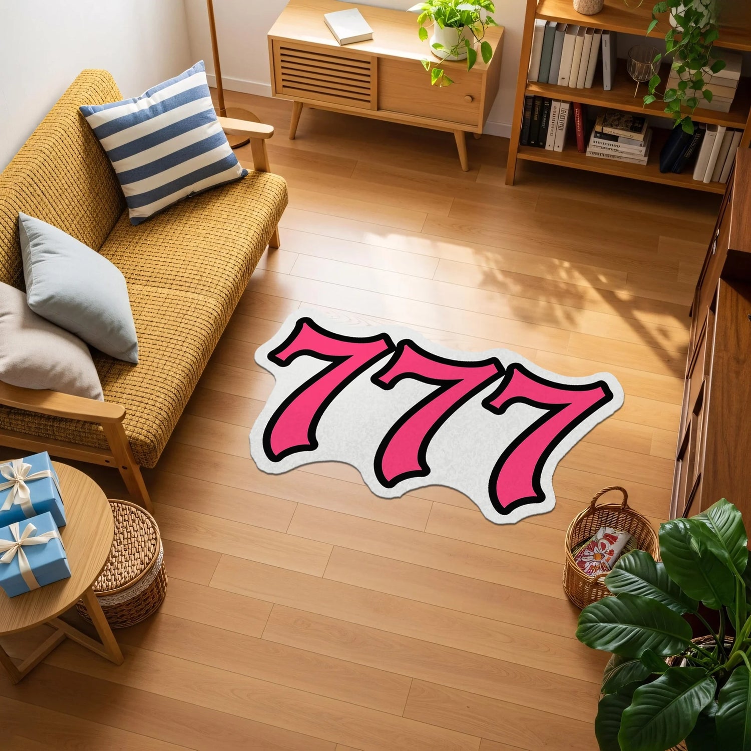 Yan yana dizilmiş “777” rakam kompozisyonu şeklinde, parlak pembe dolgu rengi, net beyaz ara kontur ve güçlü siyah çerçeve ile vurgulanan, sokak sanatı estetiğinde, modern tipografi temalı özel şekilli dekoratif halı tasarımı.
