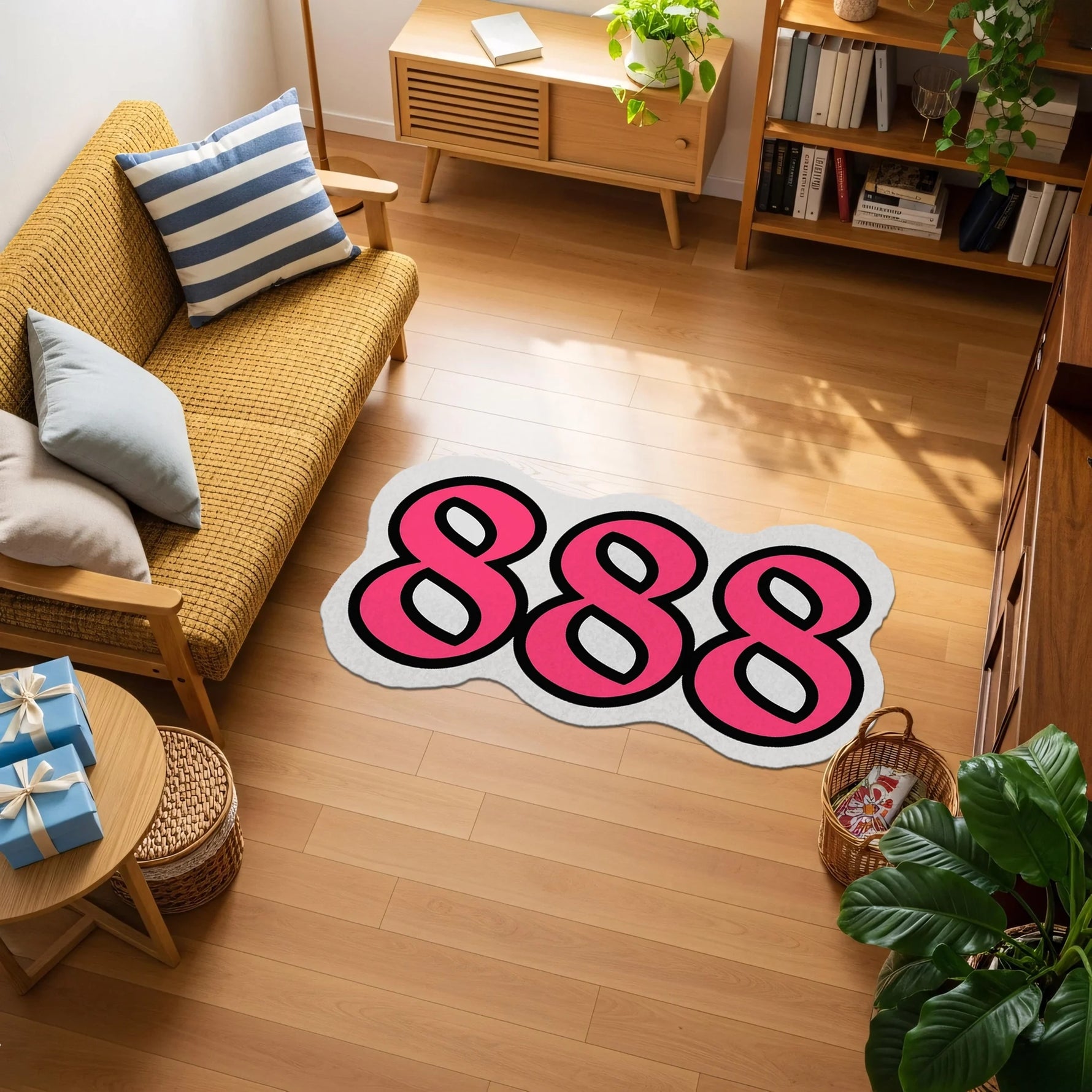 Kalın ve yumuşak hatlı yazı karakteriyle oluşturulmuş “888” tipografisi içeren, pembe, beyaz ve siyah renk kombinasyonuna sahip, pop kültür ve graffiti stilini yansıtan, figür kesim formda, yüksek kontrastlı baskılı halı yüzeyi.
