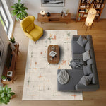 Soyut geometrik çizgiler, küçük artı formları ve yumuşak nötr tonlarla oluşturulmuş bu modern desenli halı, minimal tasarım, skandi stil, soft renk geçişleri ve modern iç mekan konseptleri için estetik bir kompozisyon oluşturur.

