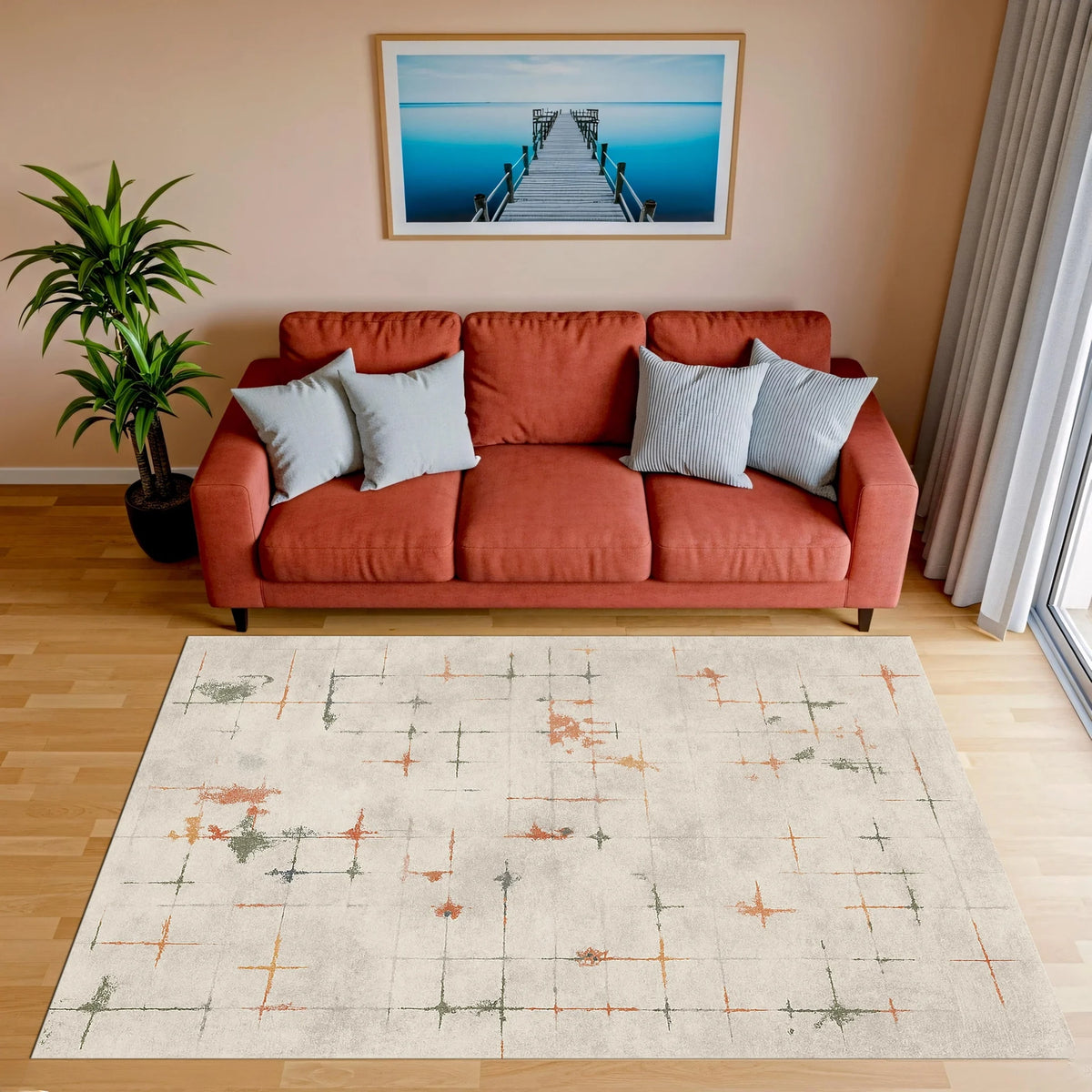 İnce çizgi detayları, soyut kare ve artı sembolleriyle oluşturulmuş açık renkli dijital baskı halı, modern, minimal, skandinav ve soft tonlu dekorasyon temalarıyla uyumlu geometrik bir tasarım sergiler.
