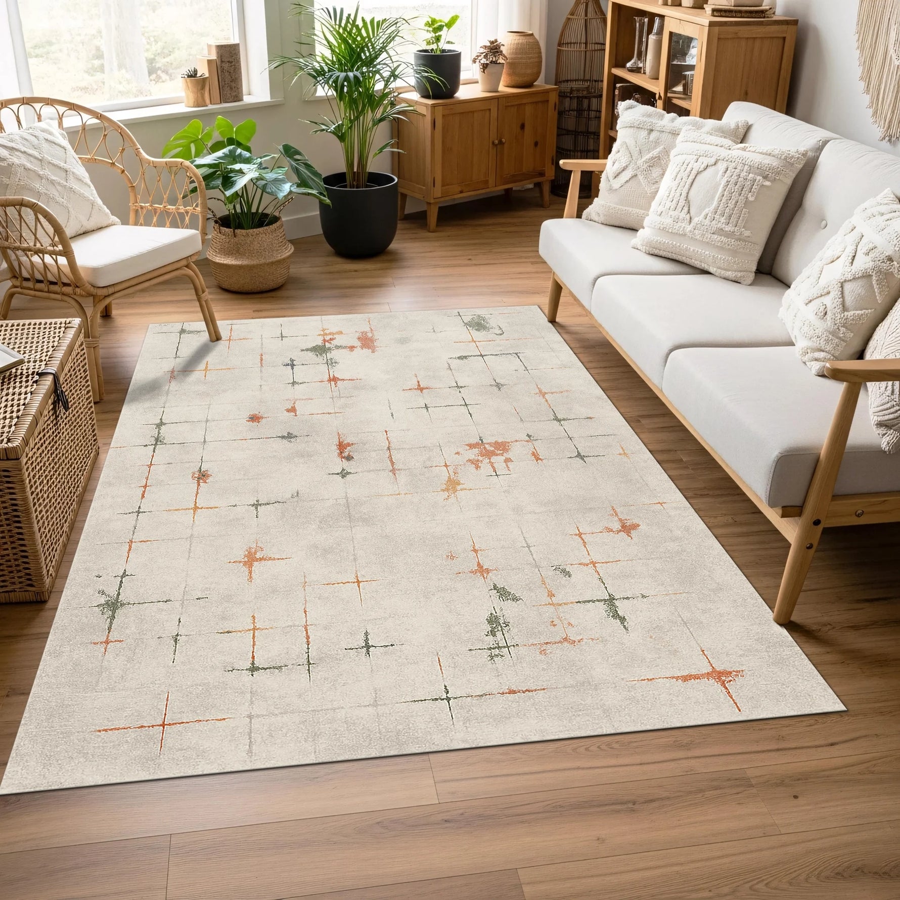 Pastel krem arka plan üzerinde yer alan turuncu ve yeşil geometrik işaretlerle tasarlanmış bu soyut desenli halı, çağdaş stil, minimal estetik, modern iç mekan ve grafik tasarım temalı dekorasyonlar için ideal bir zemin oluşturur.
