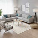 Açık krem zemin üzerinde turuncu ve yeşil tonlarda ince çizgisel artı ve grid motifleriyle tasarlanmış modern dijital baskı halı, minimal geometrik desen, çağdaş stil, sade renk paleti ve İskandinav dekorasyon anlayışı için güçlü bir zemin tasarımı sunar.
