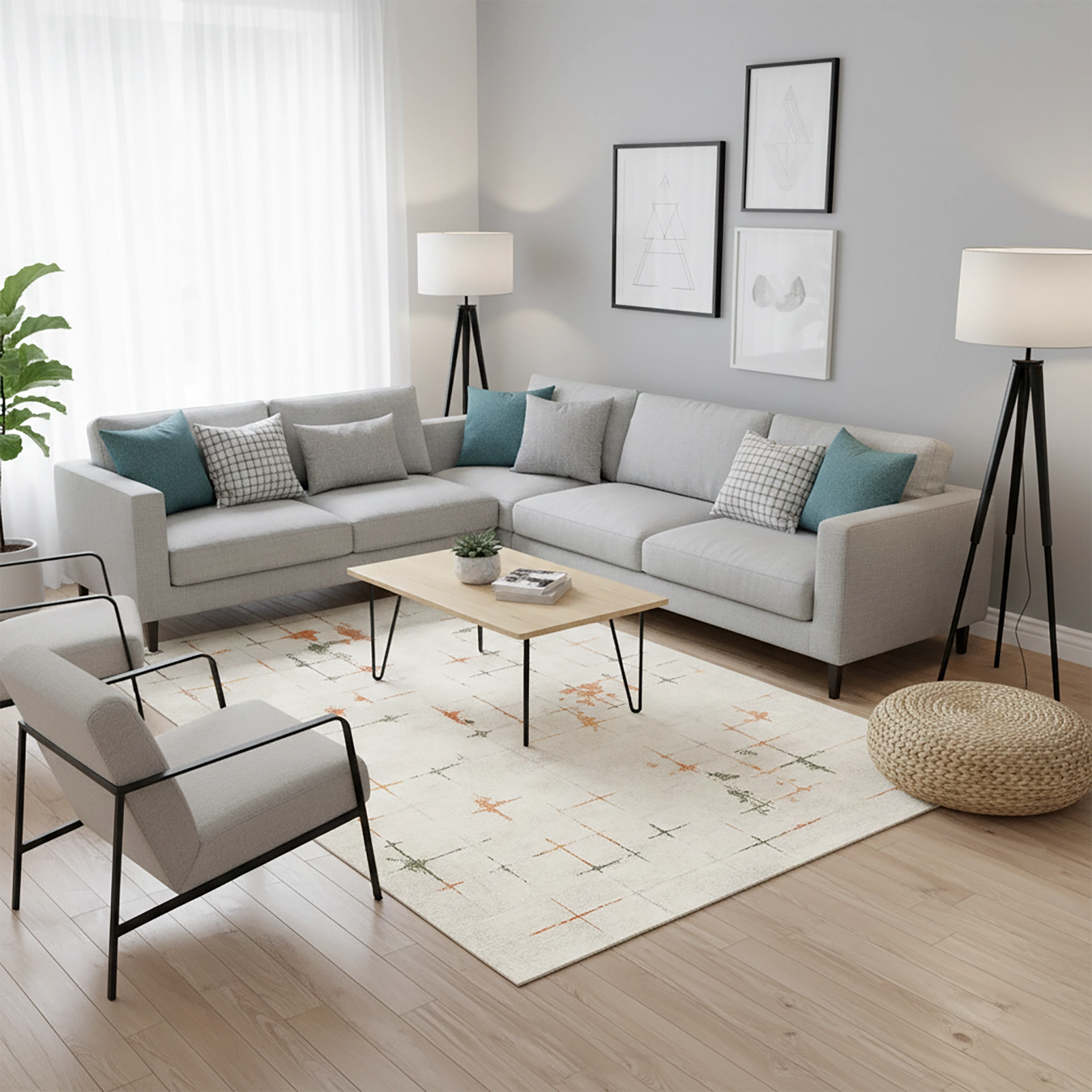 Açık krem zemin üzerinde turuncu ve yeşil tonlarda ince çizgisel artı ve grid motifleriyle tasarlanmış modern dijital baskı halı, minimal geometrik desen, çağdaş stil, sade renk paleti ve İskandinav dekorasyon anlayışı için güçlü bir zemin tasarımı sunar.
