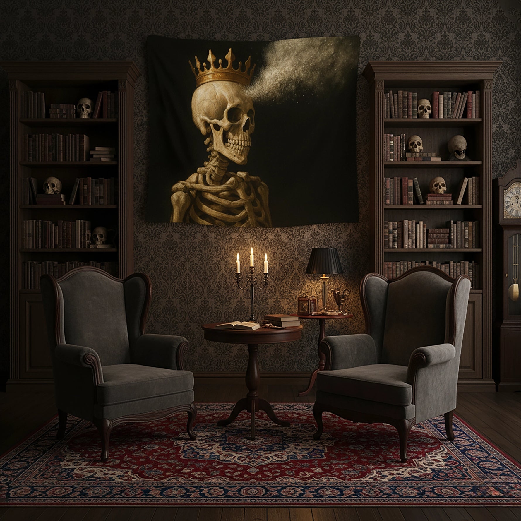 Kraliyet tacı takmış iskelet portresiyle dikkat çeken FabricUp duvar örtüsü, siyah arka plan ve sepya tonlarıyla mistik ve asi bir dekor tarzı oluşturur. Hafif tekstil yapısı kolay asılır, kaliteli baskı yüzeyi çizgileri keskin ve derin gösterir.