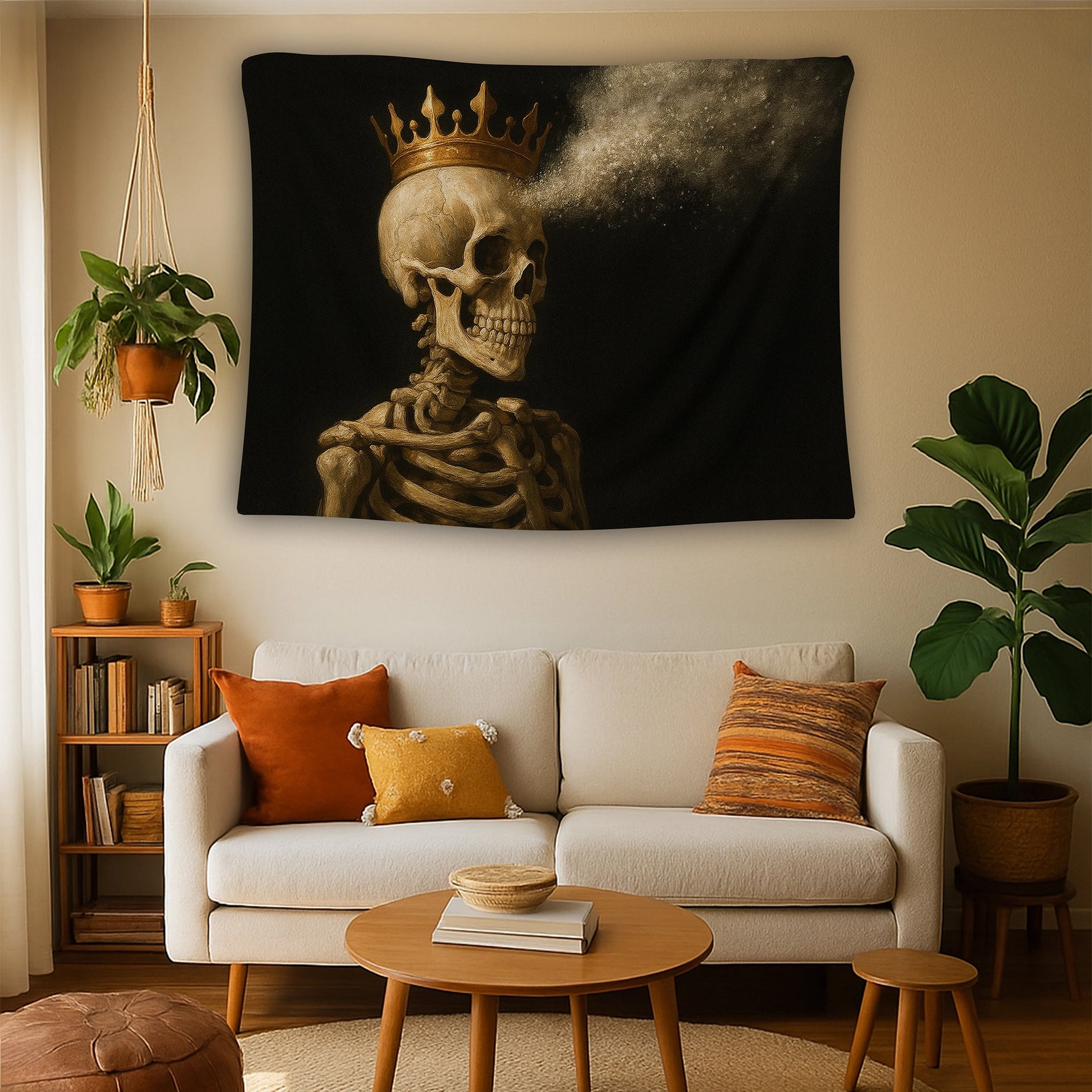 Dark art ve skull temalı bu FabricUp duvar örtüsü, kemik dokuları ve duman efektleriyle güçlü kontrast yaratan sanatsal bir kompozisyon sunar. Modern, loft ve genç odalarında çarpıcı bir odak noktası sağlayan dekoratif tekstil tasarımıdır.