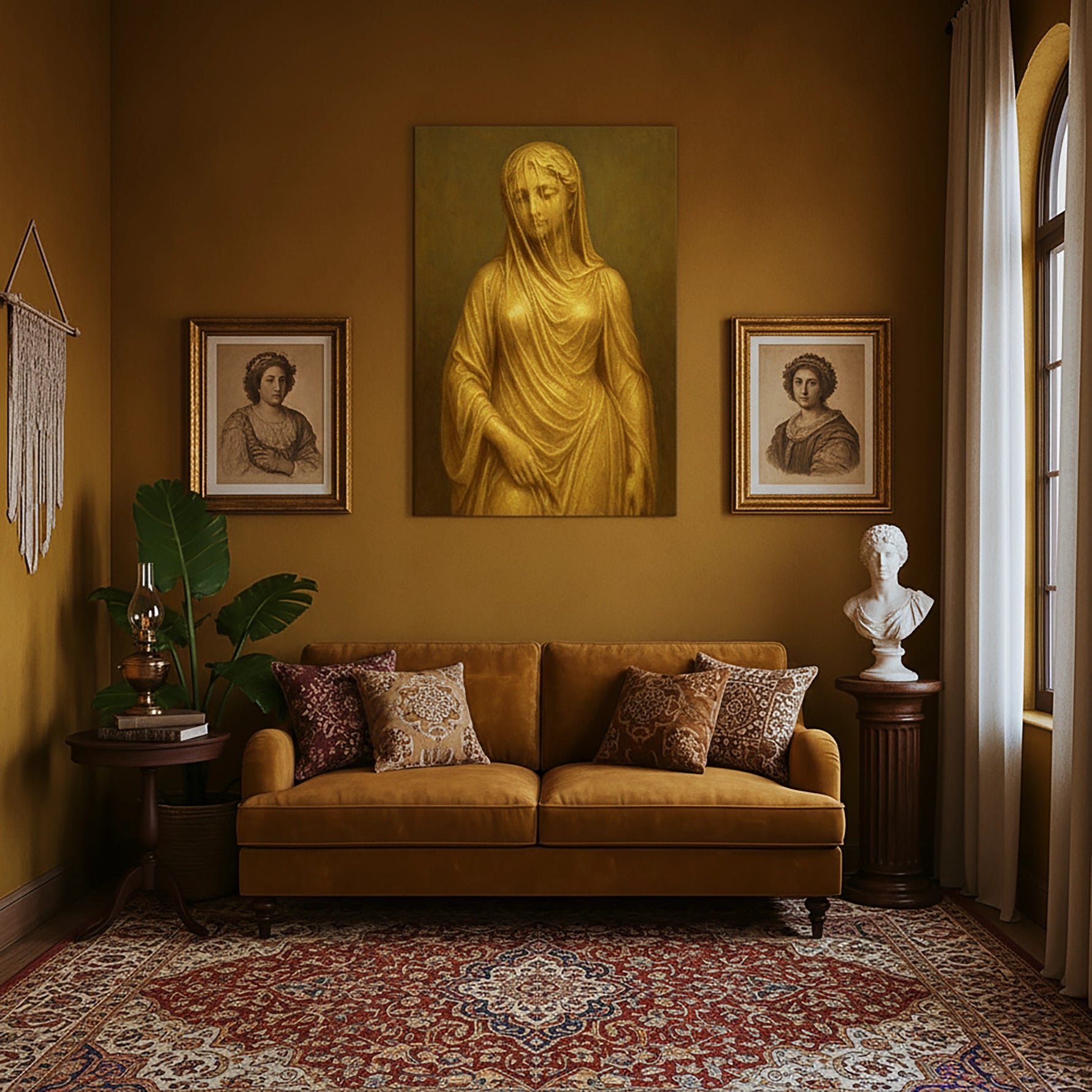 Altın tonlarda örtülü klasik kadın heykel figürüyle tasarlanan çerçevesiz kanvas tablo, antik sanat estetiğini zarif ve monokrom bir yorumla sunar. Yumuşak drape detayları yüksek çözünürlüklü baskıyla netleşir, salon ve ofisler için premium bir FabricUp duvar dekorudur.