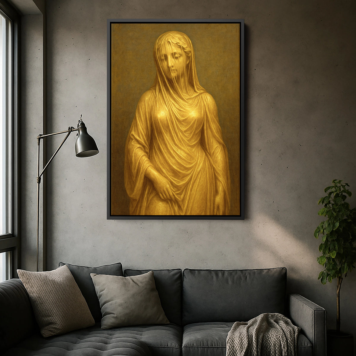 Siyah çerçeveli altın renkli heykel portresi kanvas tablo, koyu çerçeve kontrastıyla figürü daha dramatik ve lüks gösterir. Mermer ve kumaş dokuları net baskı kalitesiyle belirginleşir, sanat köşeleri ve modern ofisler için sofistike bir FabricUp tasarımıdır.