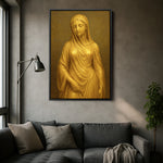 Siyah çerçeveli altın renkli heykel portresi kanvas tablo, koyu çerçeve kontrastıyla figürü daha dramatik ve lüks gösterir. Mermer ve kumaş dokuları net baskı kalitesiyle belirginleşir, sanat köşeleri ve modern ofisler için sofistike bir FabricUp tasarımıdır.