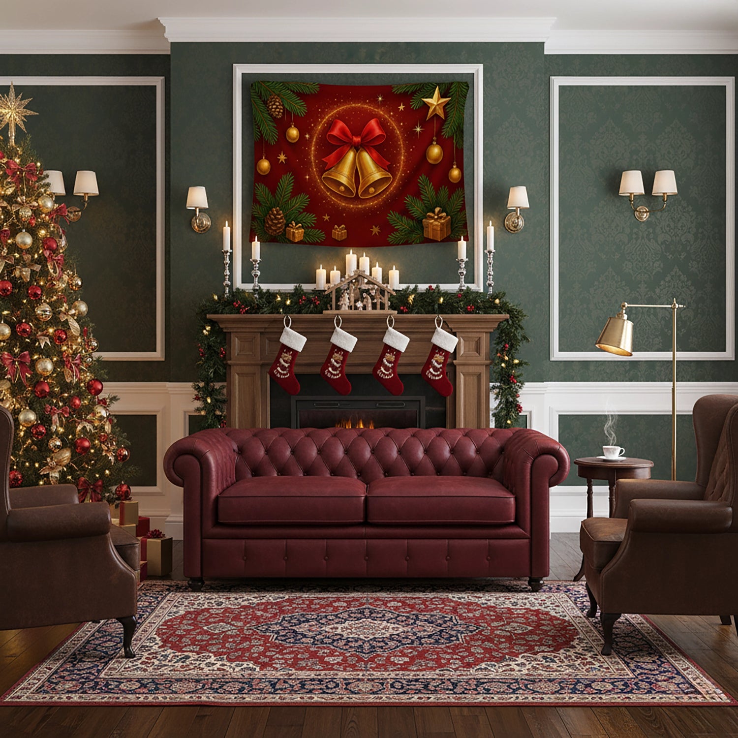 Yılbaşı Çanları Duvar Halısı - Kırmızı Fiyonk Tasarım ile Noel Işıltısı