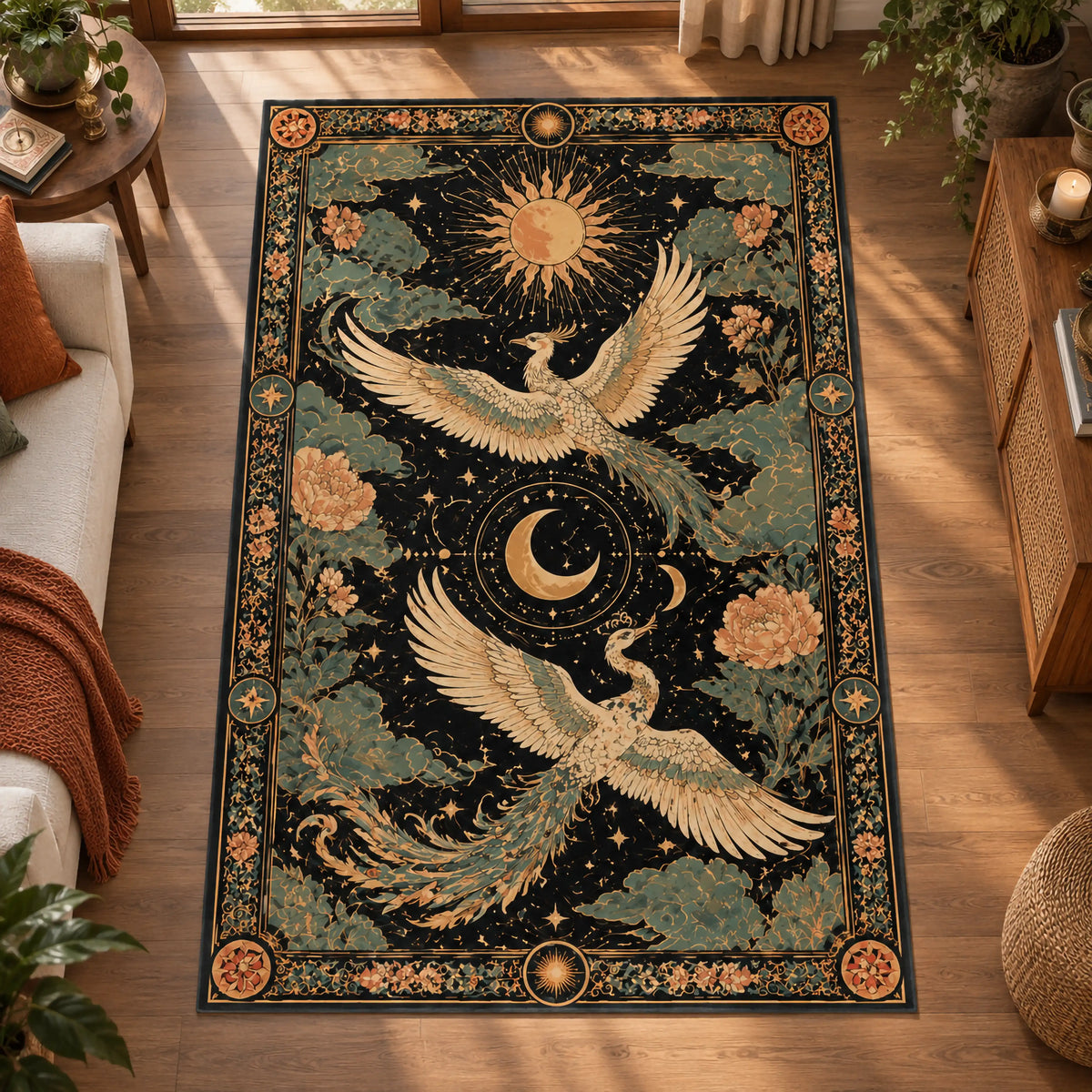 anka-kusu-mistik-gunes-desenli-hali-ay-yildiz-motifli-modern-salon
