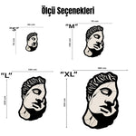 Antik büst yüzü, çatlak mermer dokusu, tek göz detayı ve yüksek kontrastlı grafik çizim stiliyle tasarlanan bu halı, heykel sanatı, modern pop art, minimal figür ve sanatsal dekorasyon konsepti için çarpıcı bir görsel sunar.
