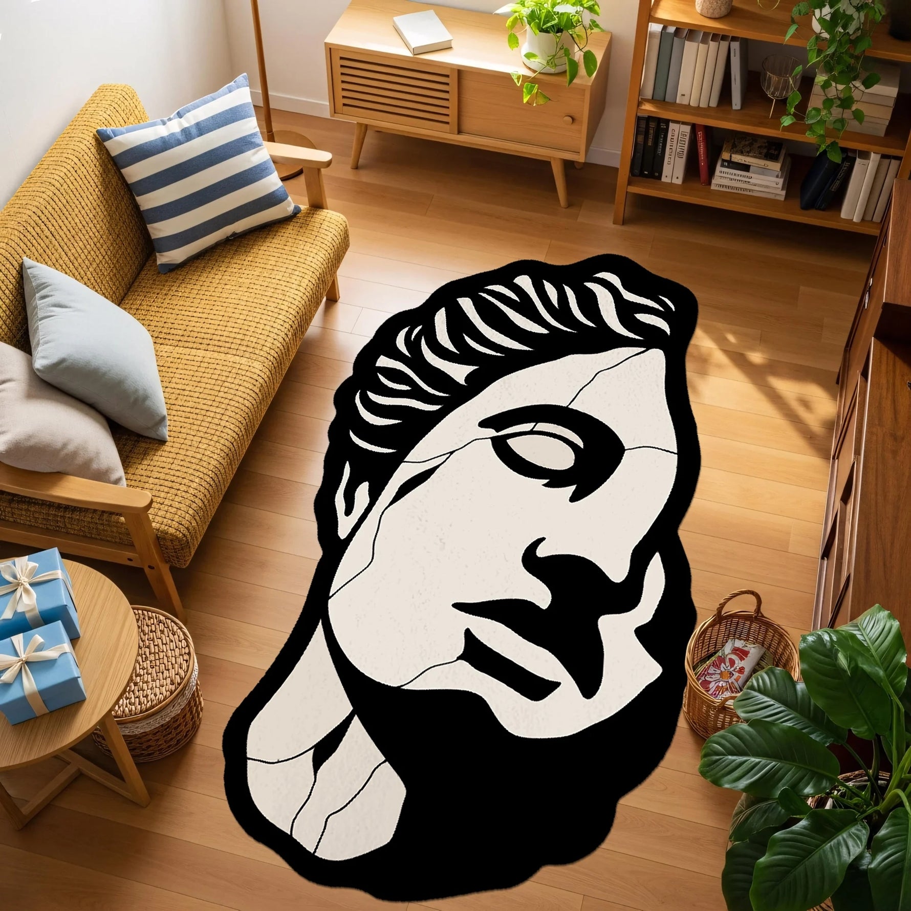 Antik heykel yüzü illüstrasyonu, siyah beyaz kontrastlı portre figürü, klasik sanat teması, minimal grafik stil ve modern pop art estetiğiyle tasarlanmış bu halı, heykel sanatı, yüz silüeti ve sanatsal dekorasyon arayanlar için güçlü bir odak parçasıdır.
