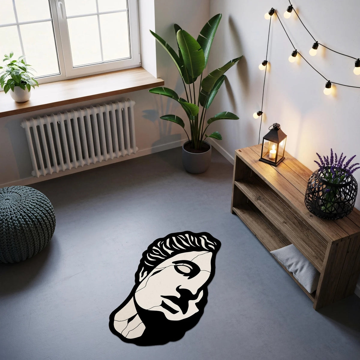 Antik heykel yüzü illüstrasyonu, siyah beyaz kontrastlı portre figürü, klasik sanat teması, minimal grafik stil ve modern pop art estetiğiyle tasarlanmış bu halı, heykel sanatı, yüz silüeti ve sanatsal dekorasyon arayanlar için güçlü bir odak parçasıdır.
