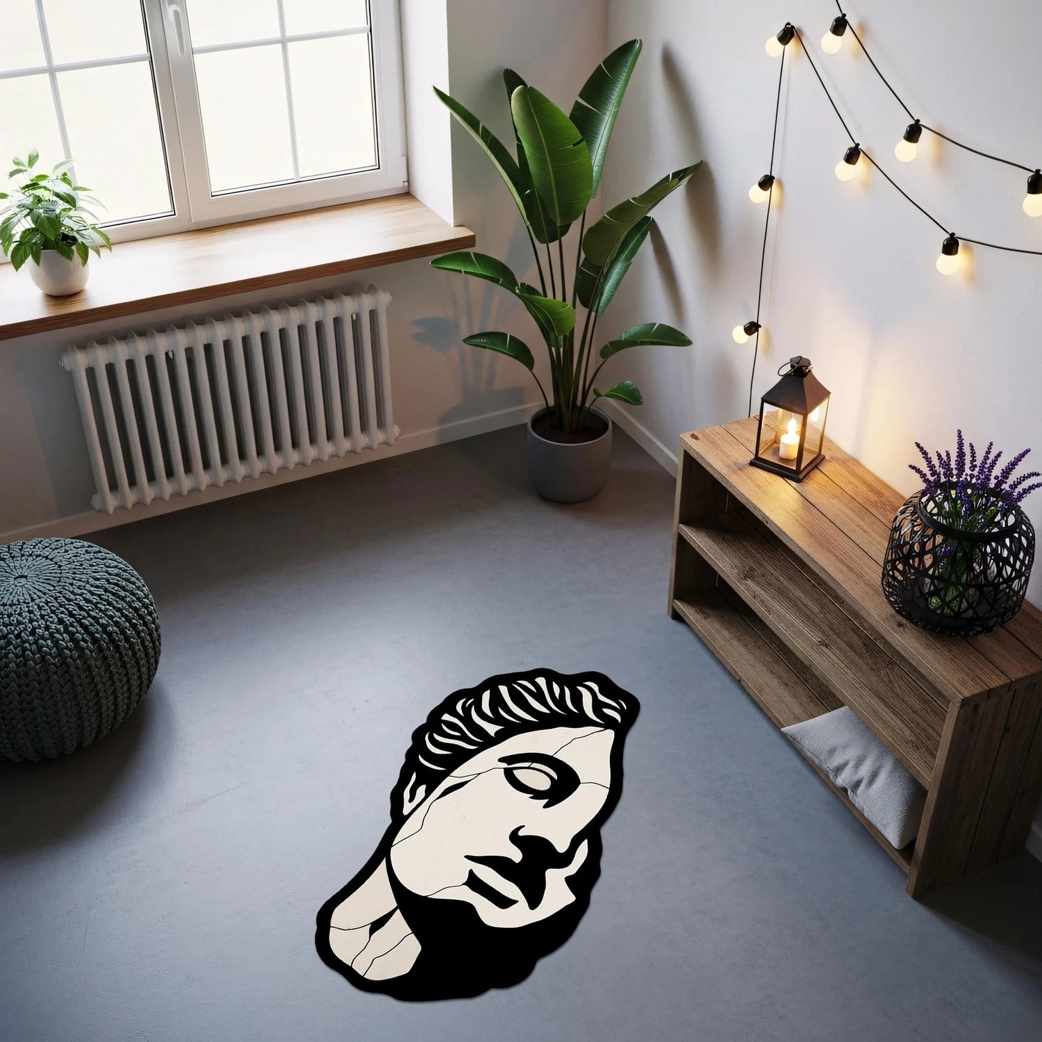 Antik heykel yüzü illüstrasyonu, siyah beyaz kontrastlı portre figürü, klasik sanat teması, minimal grafik stil ve modern pop art estetiğiyle tasarlanmış bu halı, heykel sanatı, yüz silüeti ve sanatsal dekorasyon arayanlar için güçlü bir odak parçasıdır.
