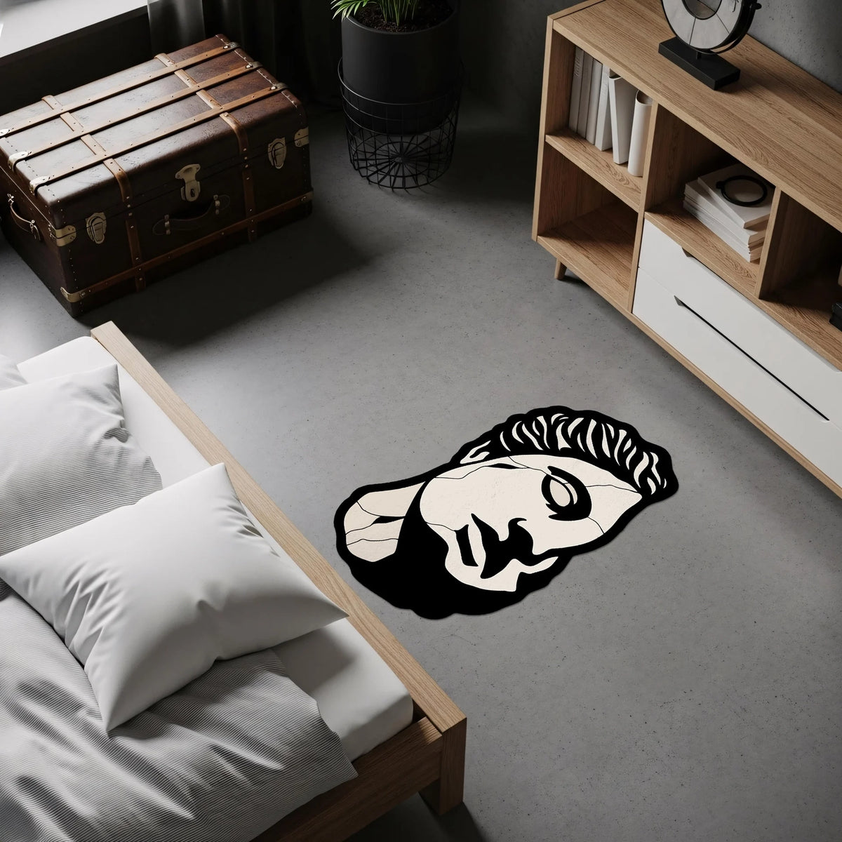 Mermer heykel estetiğinde betimlenmiş yüz silüeti, dramatik ışık gölge etkisi ve siyah beyaz pop art stiliyle hazırlanan bu halı, klasik portre sanatı, modern illüstrasyon ve güçlü figür temasıyla dikkat çeken sanatsal bir kompozisyondur.
