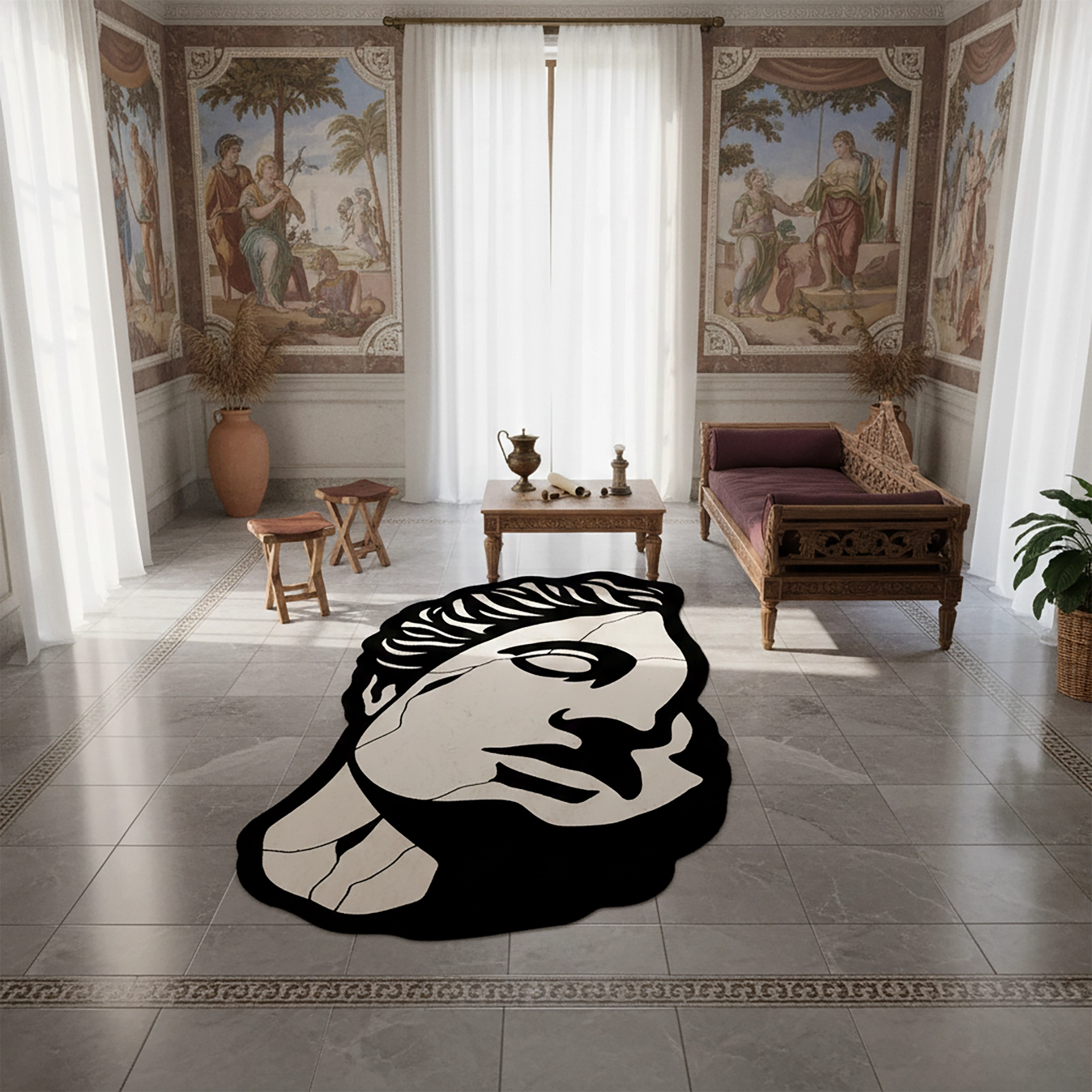 Antik büst yüzü, çatlak mermer dokusu, tek göz detayı ve yüksek kontrastlı grafik çizim stiliyle tasarlanan bu halı, heykel sanatı, modern pop art, minimal figür ve sanatsal dekorasyon konsepti için çarpıcı bir görsel sunar.
