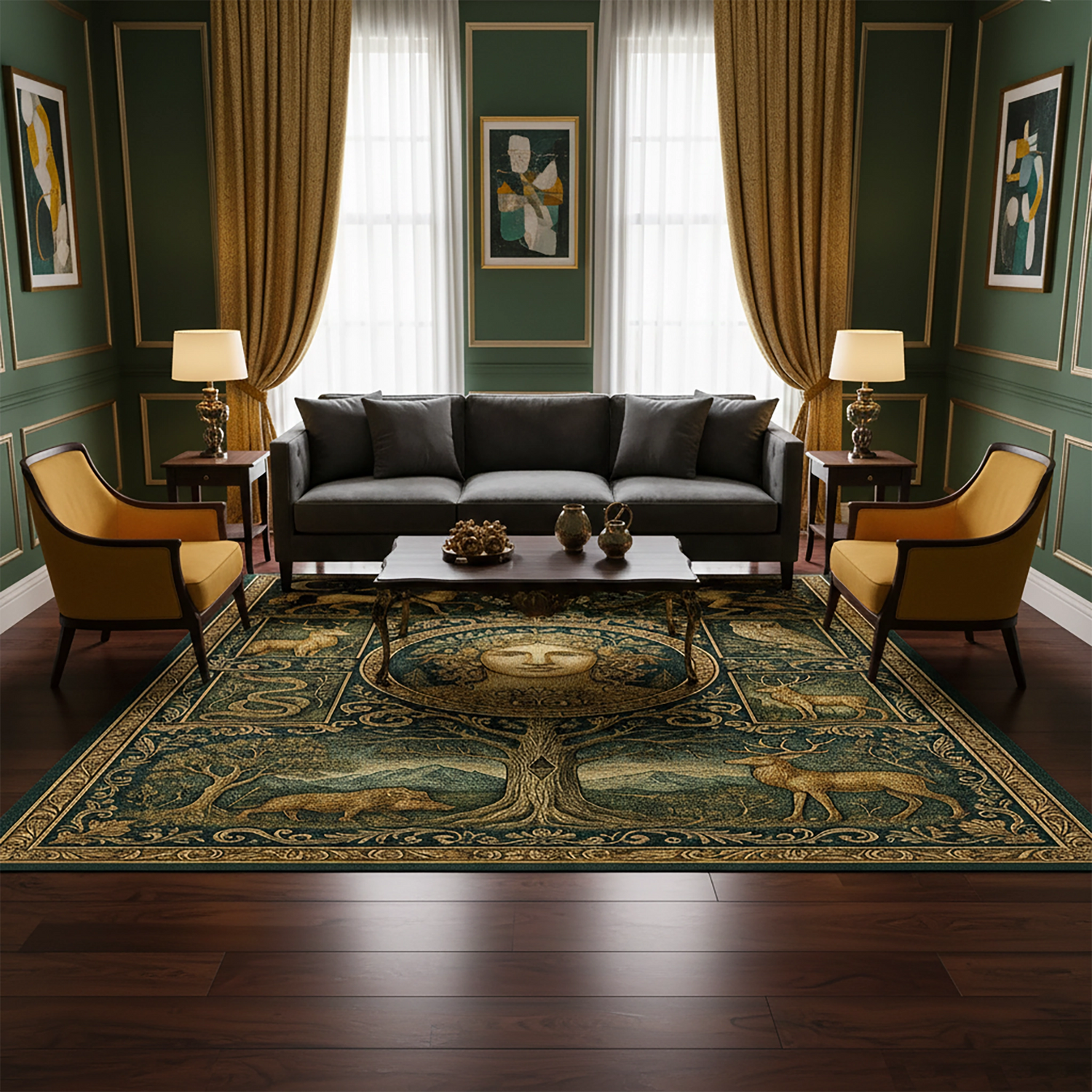 Mitolojik Figürlü Antik Sanat Temalı Halı | Yeşil ve Altın Renkli Lüks Dekoratif Hal