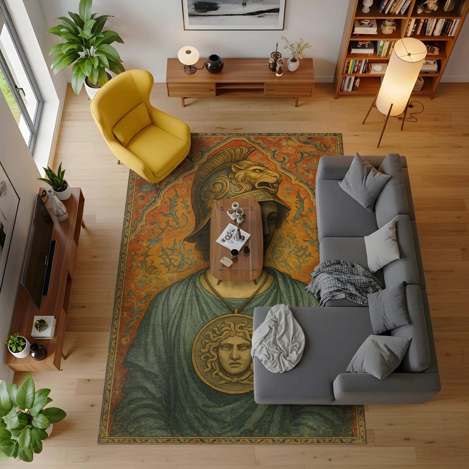 Klasik mitoloji temalı, merkezde toga giymiş kadın portresi ve göğüste yuvarlak Medusa kabartma motifi bulunan dekoratif halı; etrafı detaylı floral ve geometrik desenlerle çevrili, vintage tablo tarzı dokuma görünümü.
