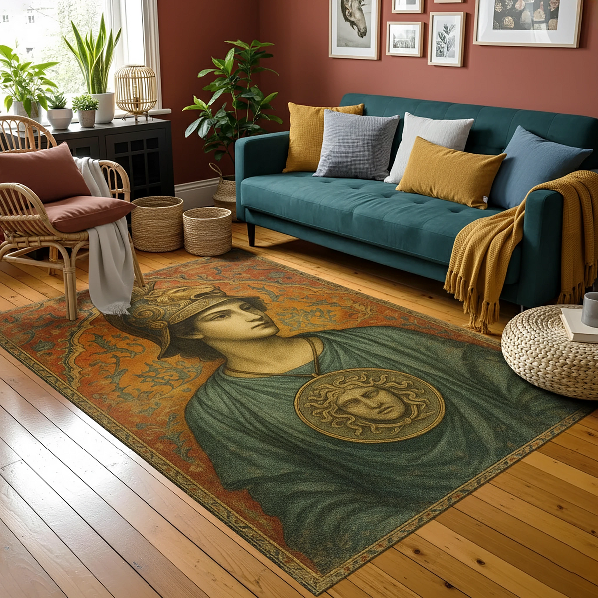 Athena ve Medusa Figürlü Mitolojik Tasarım Halı