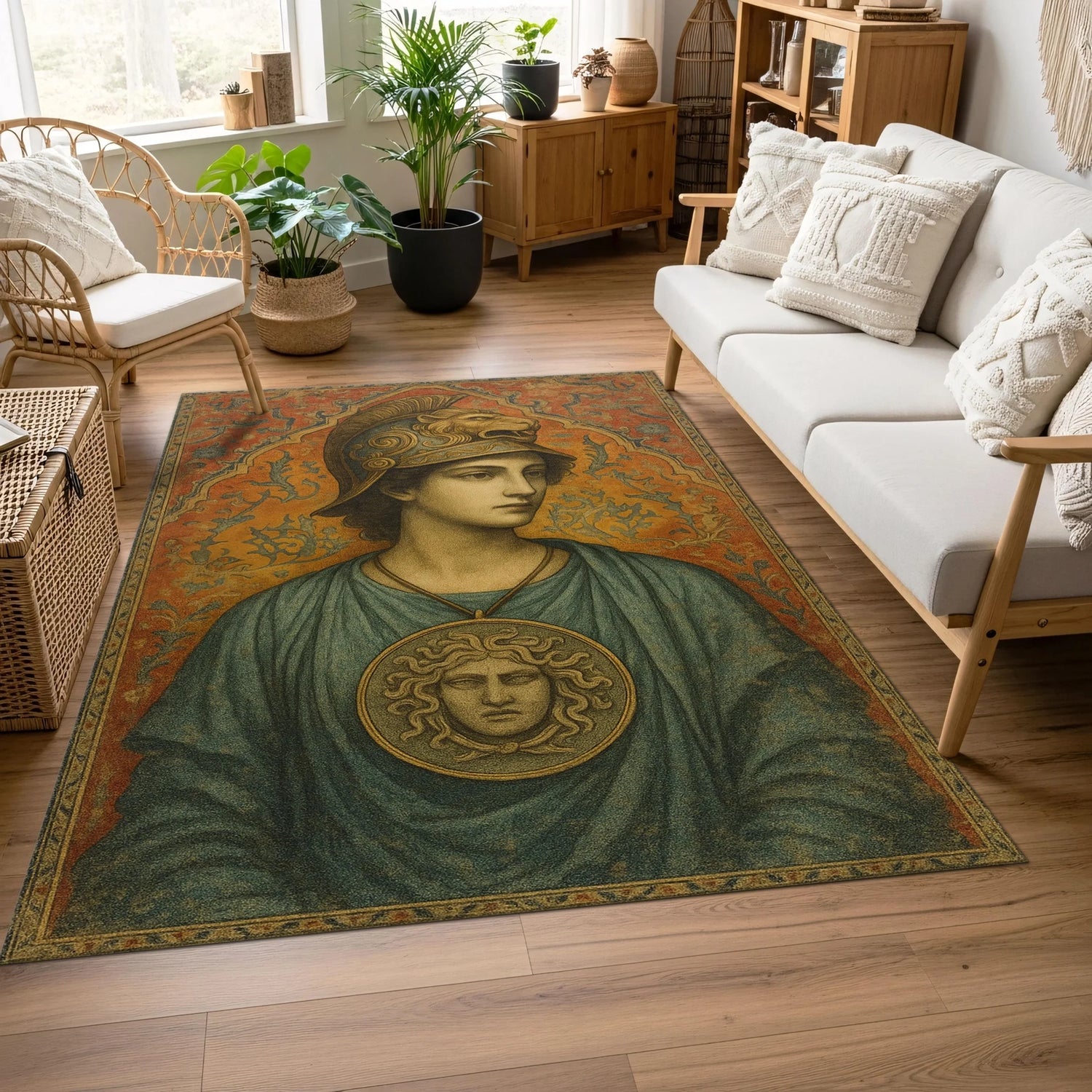 Merkezde antik heykel estetiğinde kadın figürü, göğüs kısmında Medusa yüzü madalyonu ve etrafında yoğun arabesk bitkisel motiflerle çevrili sanatsal halı; yeşil, altın ve toprak tonlarıyla oluşturulmuş simetrik, klasik illüstrasyon kompozisyonu.
