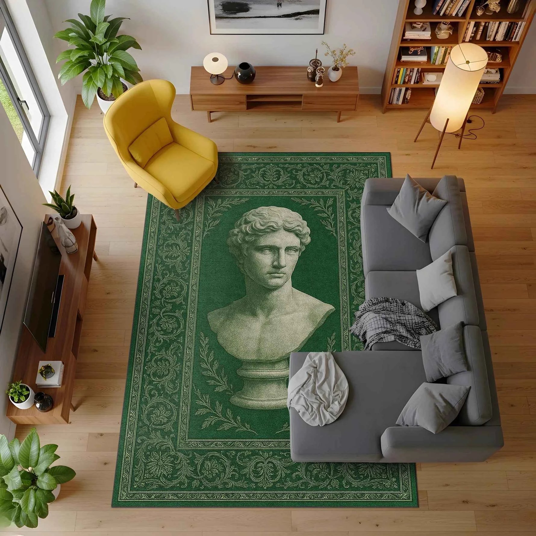 Apollon Büstü Desenli Koyu Yeşil Halı
