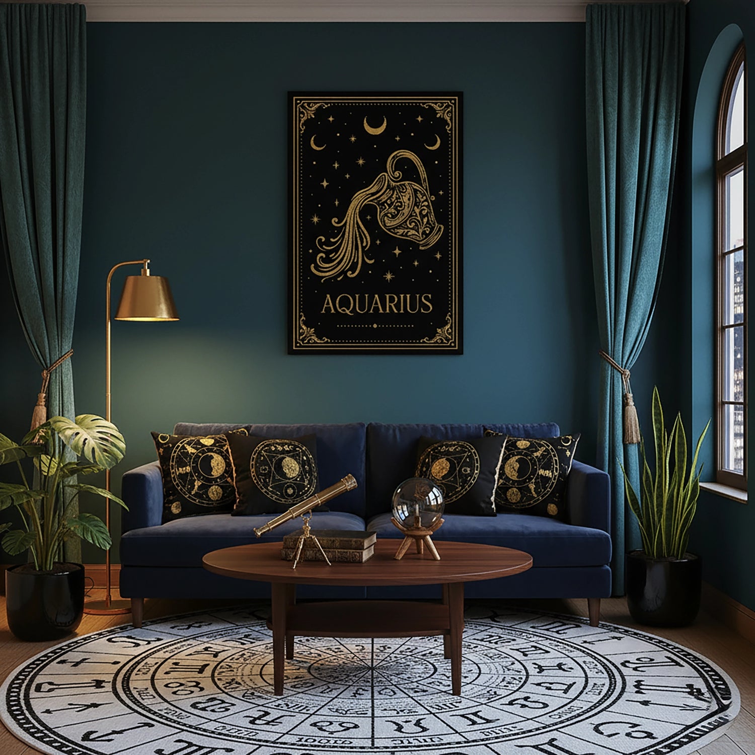 Çerçevesiz kanvas tablo olarak tasarlanan bu Aquarius burcu duvar dekoru, siyah zemin üzerinde altın su taşıyıcı figürü, ay ve yıldız sembolleriyle mistik ve kozmik bir atmosfer sunar. Astroloji temalı modern dekorasyonlar için yüksek çözünürlüklü FabricUp dijital baskı sanat eseridir.