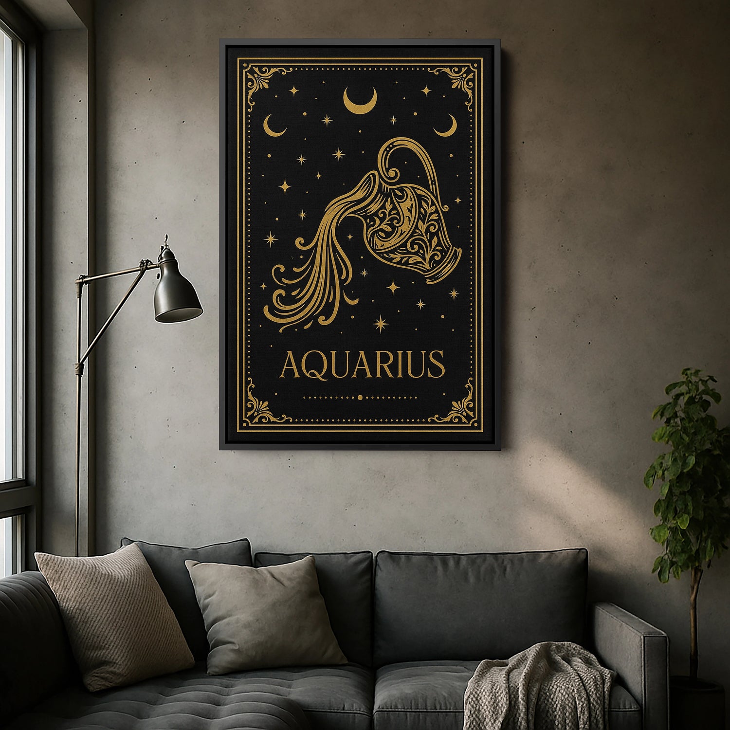 Siyah çerçeveli kanvas tablo versiyonunda koyu çerçeve kontrastı, altın çizgili Aquarius illüstrasyonunu daha güçlü ve çarpıcı gösterir. Salon, ofis ve stüdyo duvarlarında sofistike bir odak noktası oluşturan premium kalitede FabricUp burç temalı dekoratif tablo tasarımıdır.
